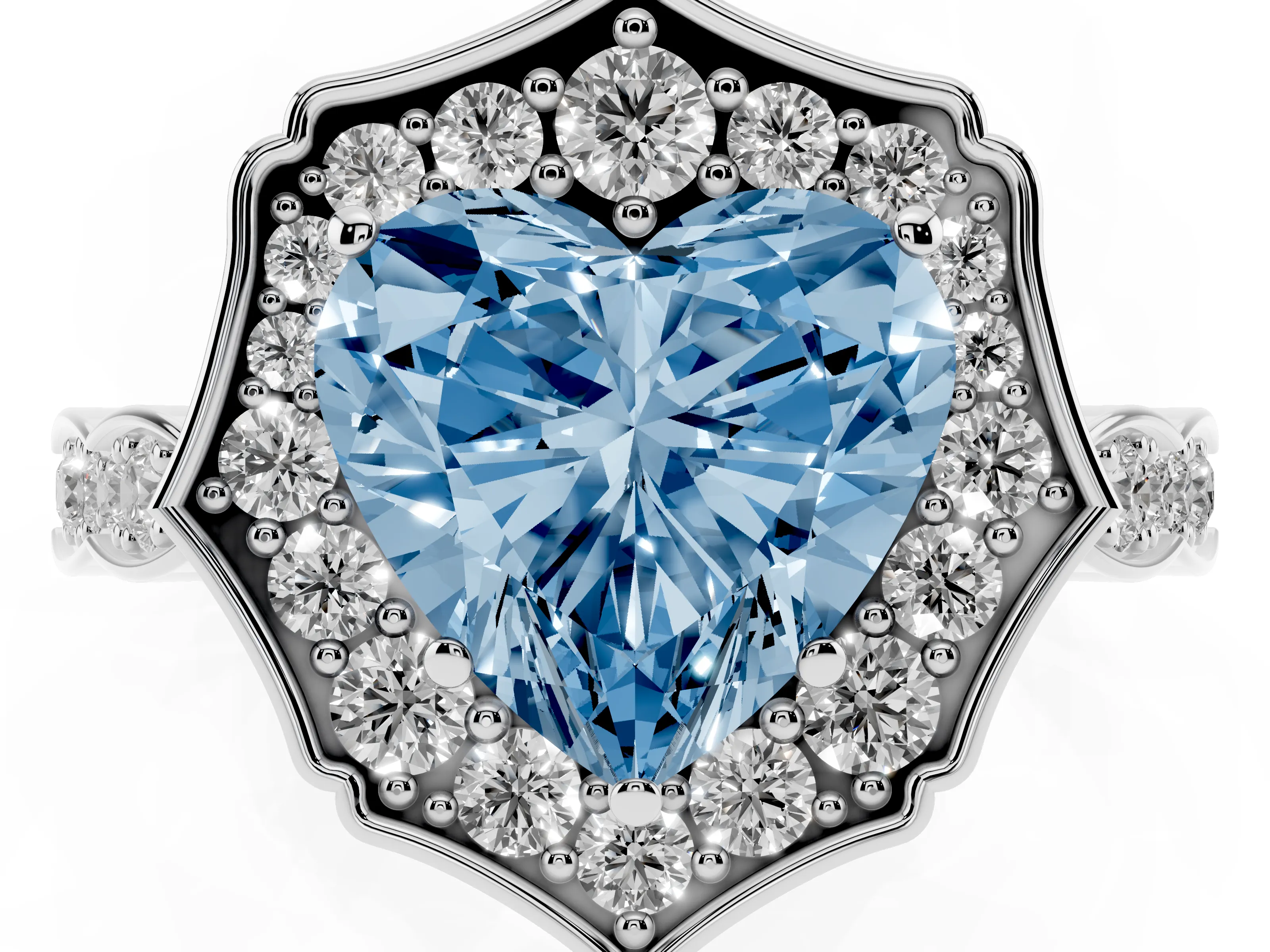 Fancy Blue Heart Cut Diamond Halo Engagement Ring Set in White gold with Milgrain Band and Prong Setting