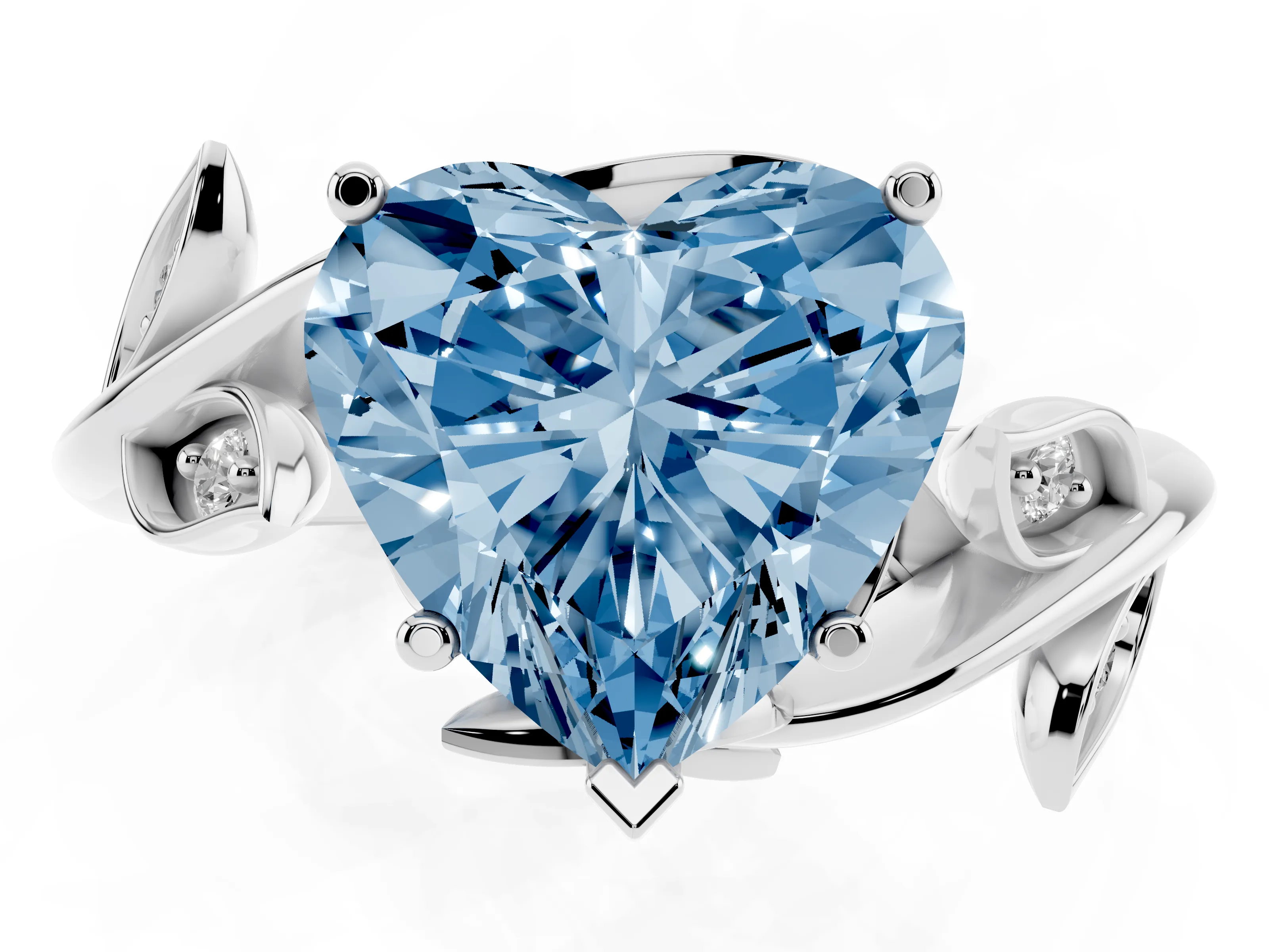 Fancy Blue Heart Cut Diamond Solitaire Twist Engagement Ring Set in White gold with Pavé Leaf Accents