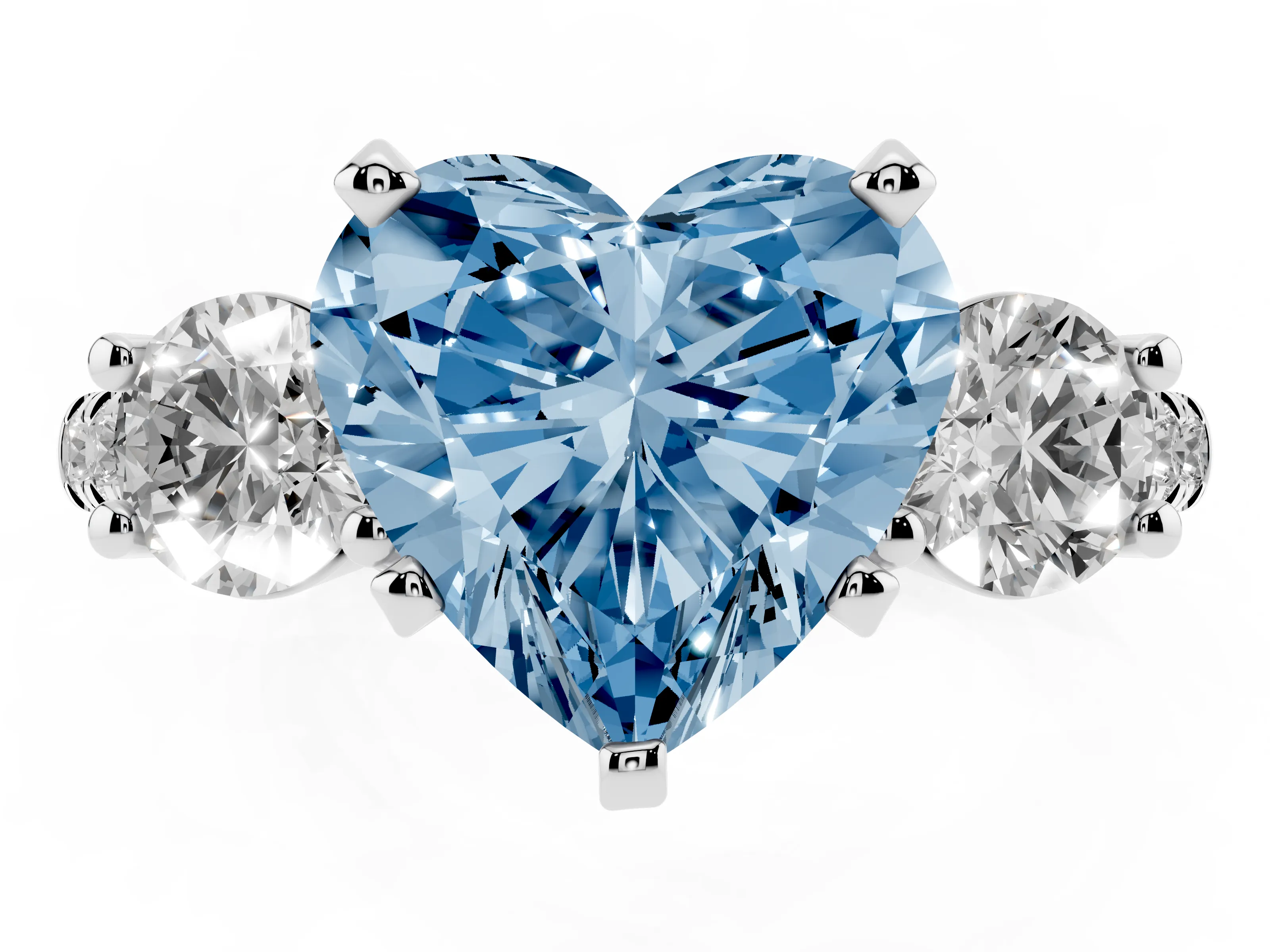 Fancy Blue Three-Stone Heart Cut Diamond Pavé Band Ring Set in Silver with Prong-Set Trio