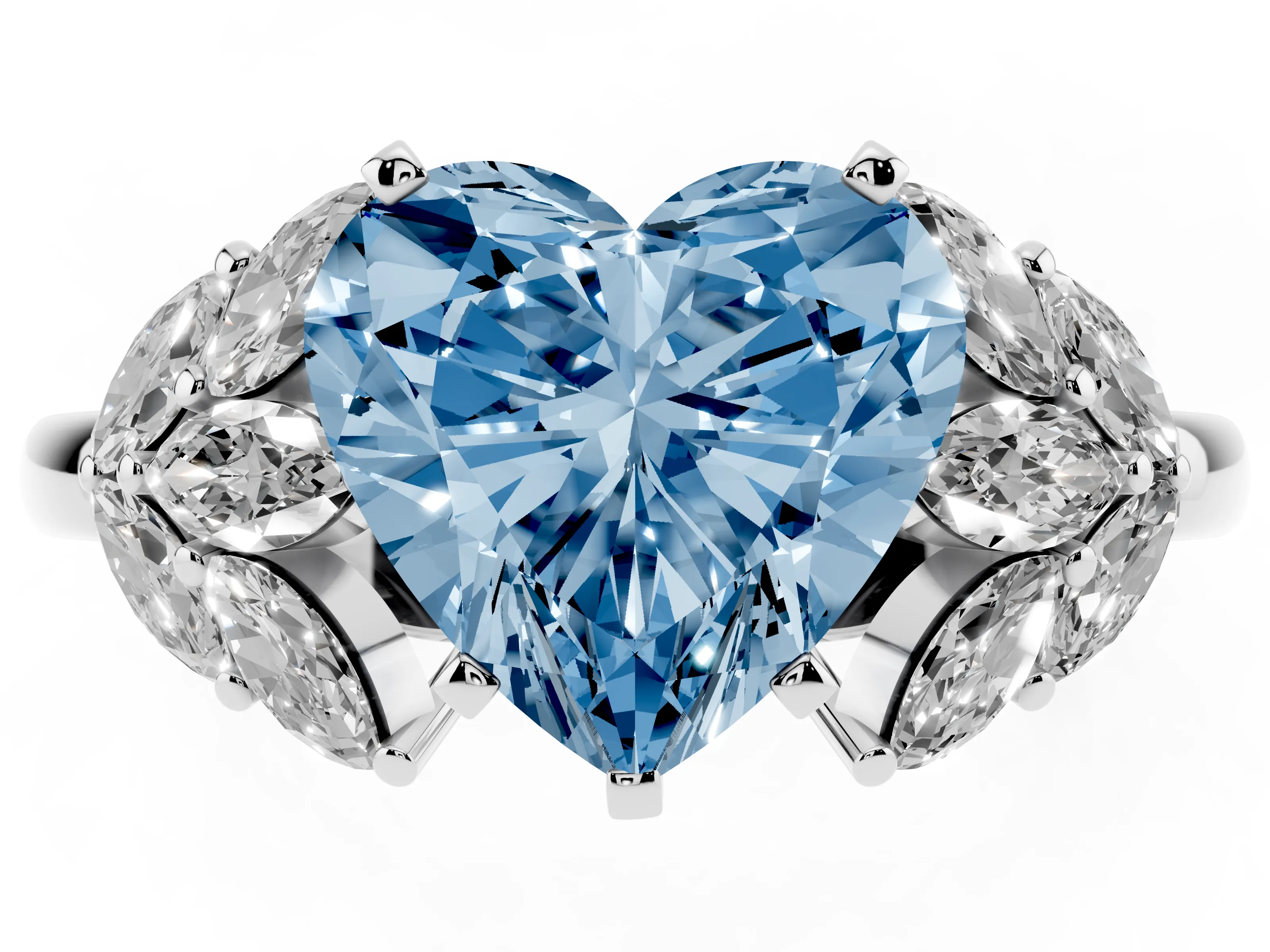 Fancy Blue Heart Cut Diamond Cluster Leaf Design Ring Set in Silver with Prong Setting