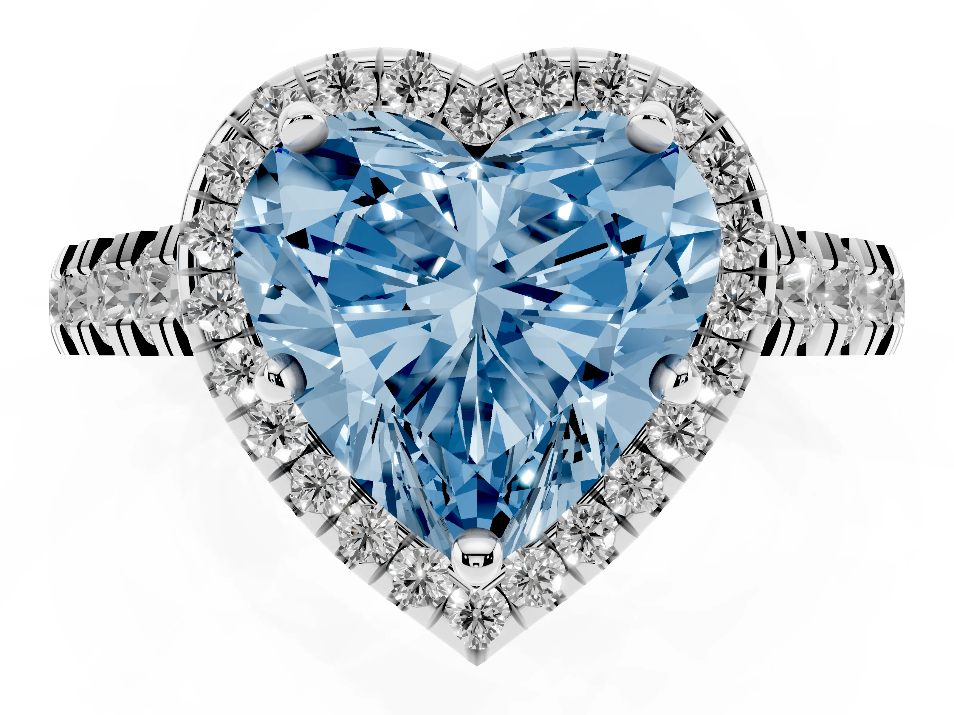 Fancy Blue Heart Cut Diamond Halo Engagement Ring Set in White gold with Pavé Band and Prong-Set Center