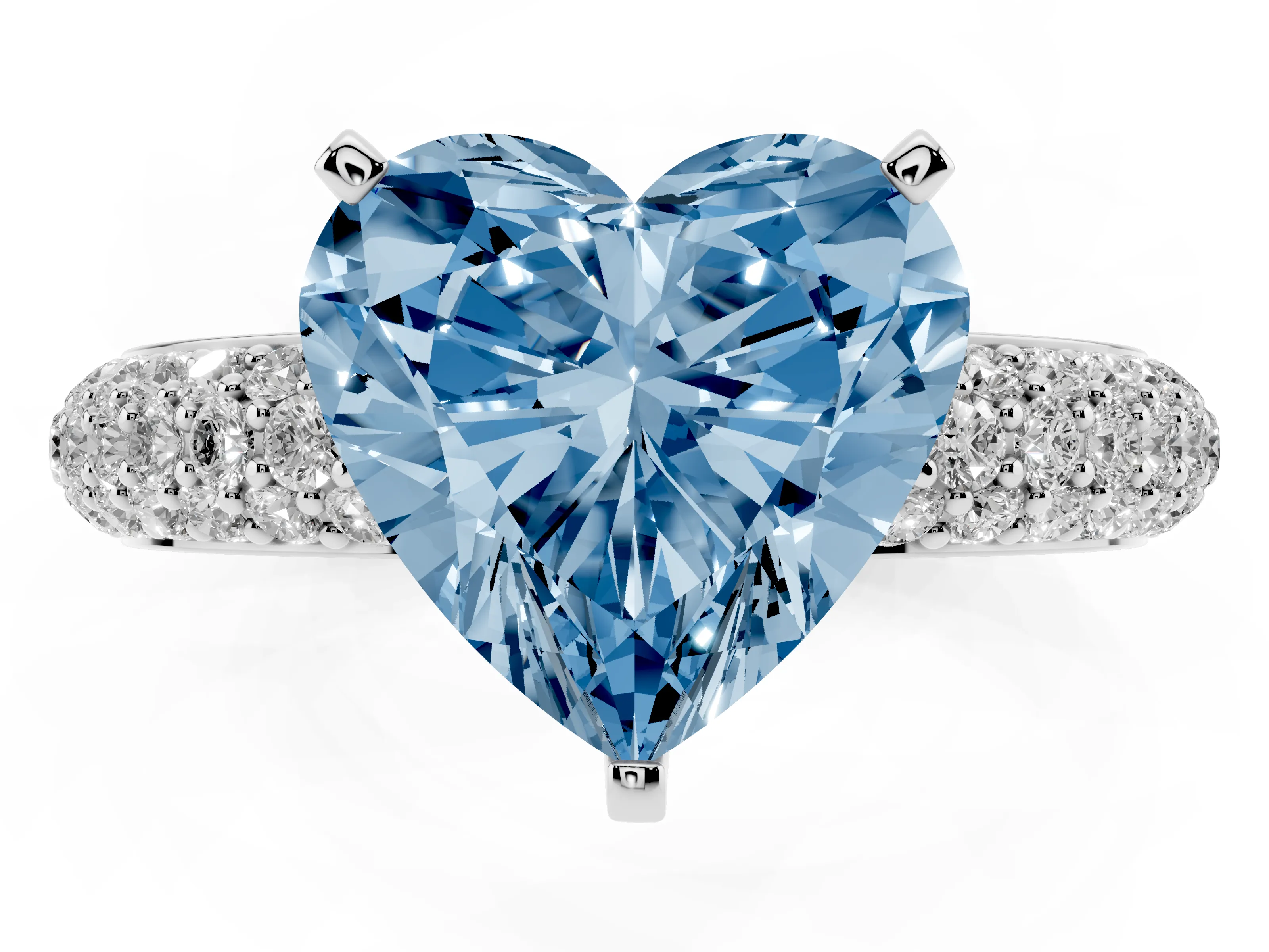 Fancy Blue Heart Cut Diamond Solitaire Ring Set in Silver with Prong Setting and Pavé-Set Band