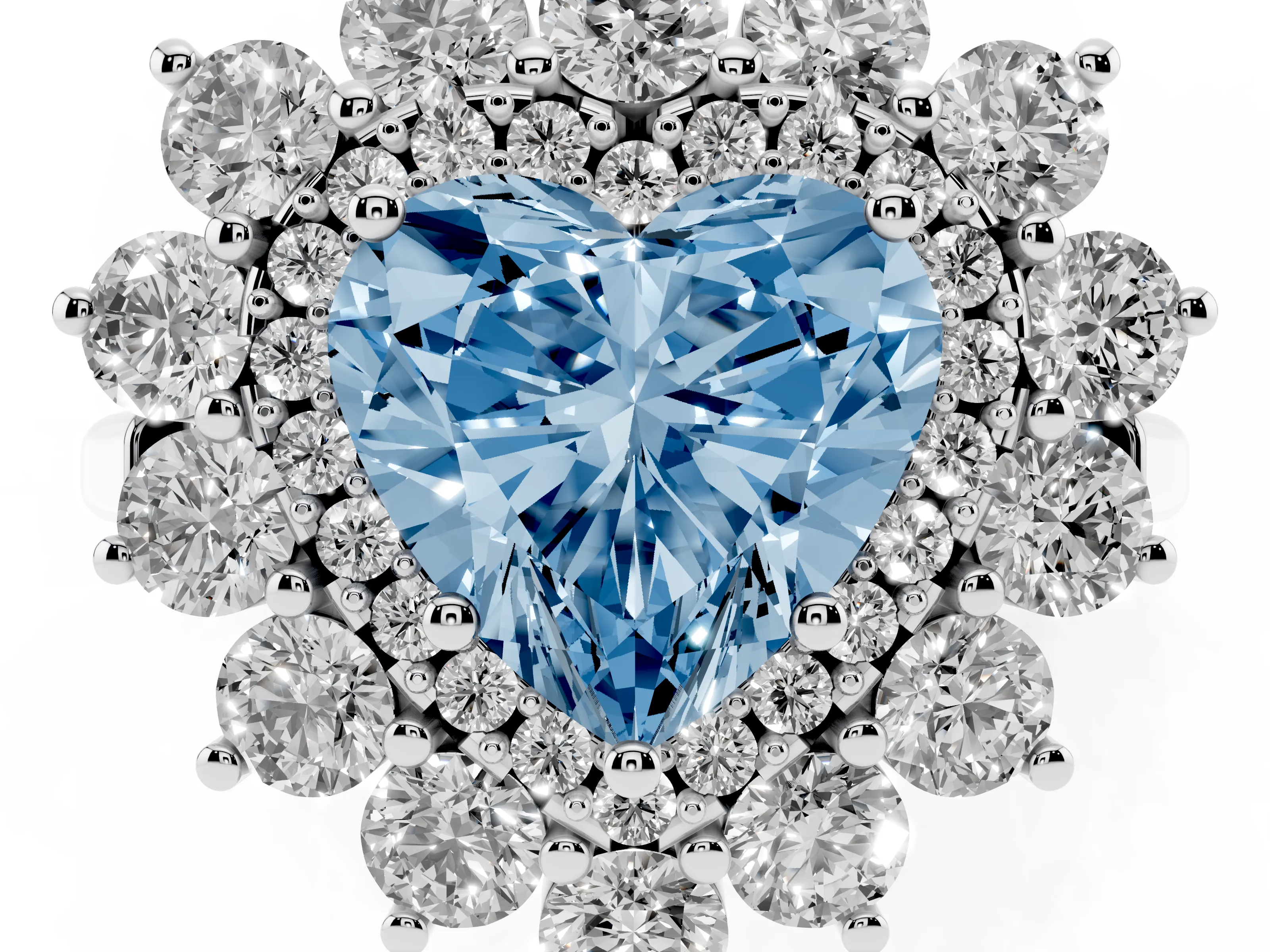 Fancy Blue Heart Cut Diamond Floral Double Halo Ring Set in Platinum with Round Petals