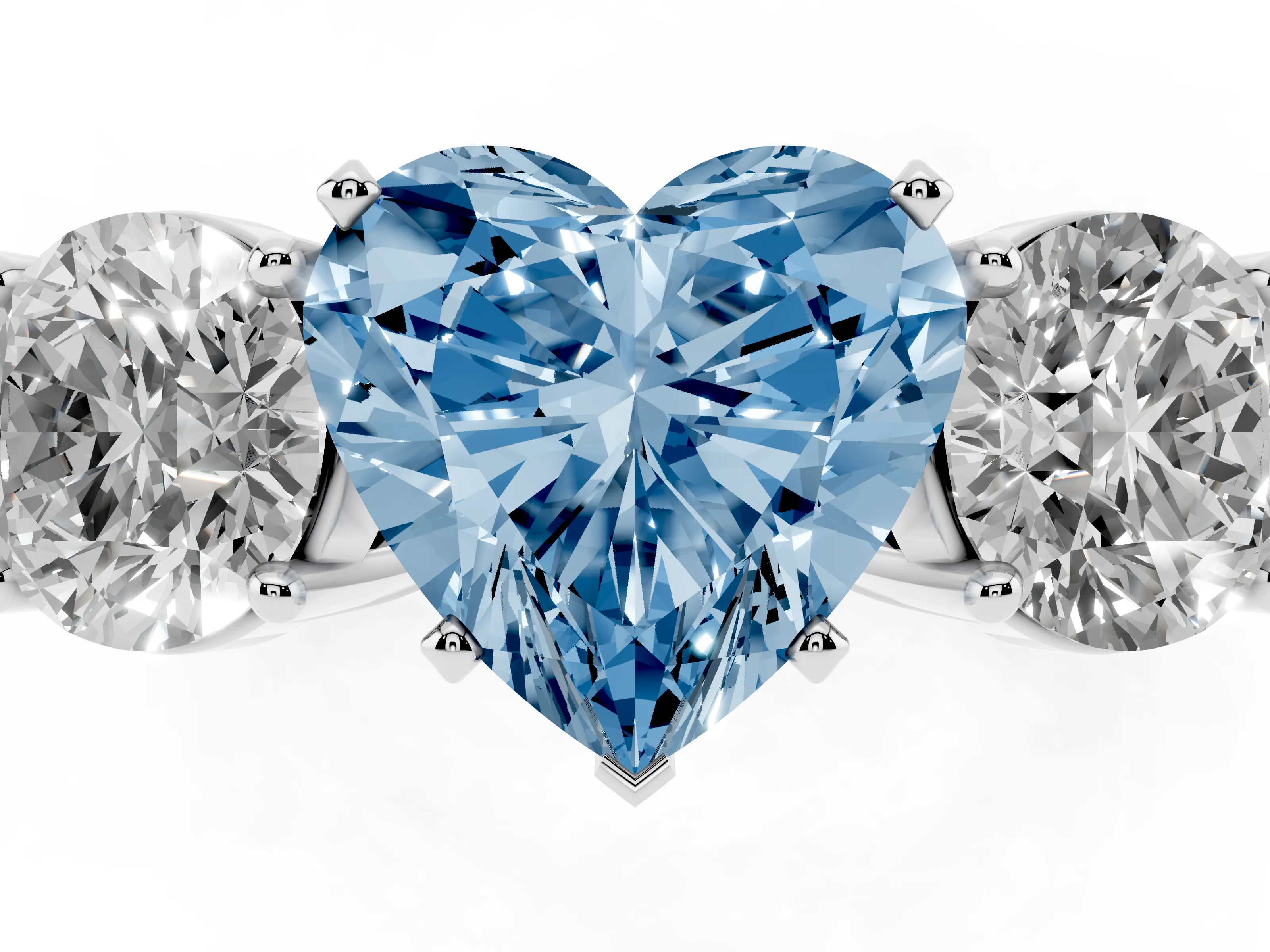 Fancy Blue Heart Cut Diamond Three-Stone Ring Set in Platinum with Round Side Stones and Classic Band