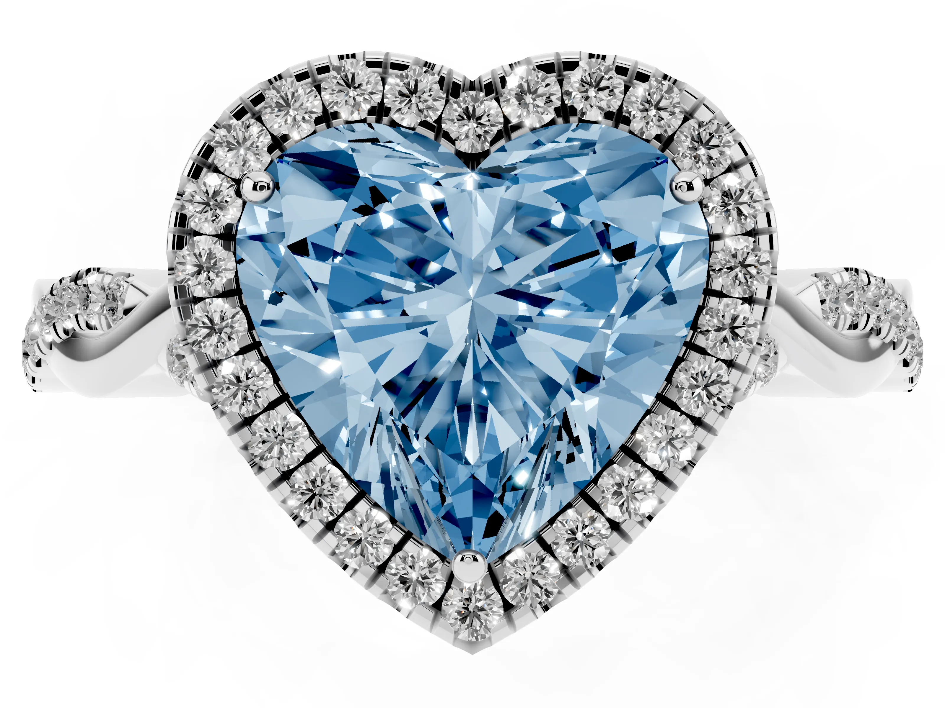 Fancy Blue Heart Cut Diamond Halo Twist Band Solitaire Ring Set in Platinum with Prong Setting