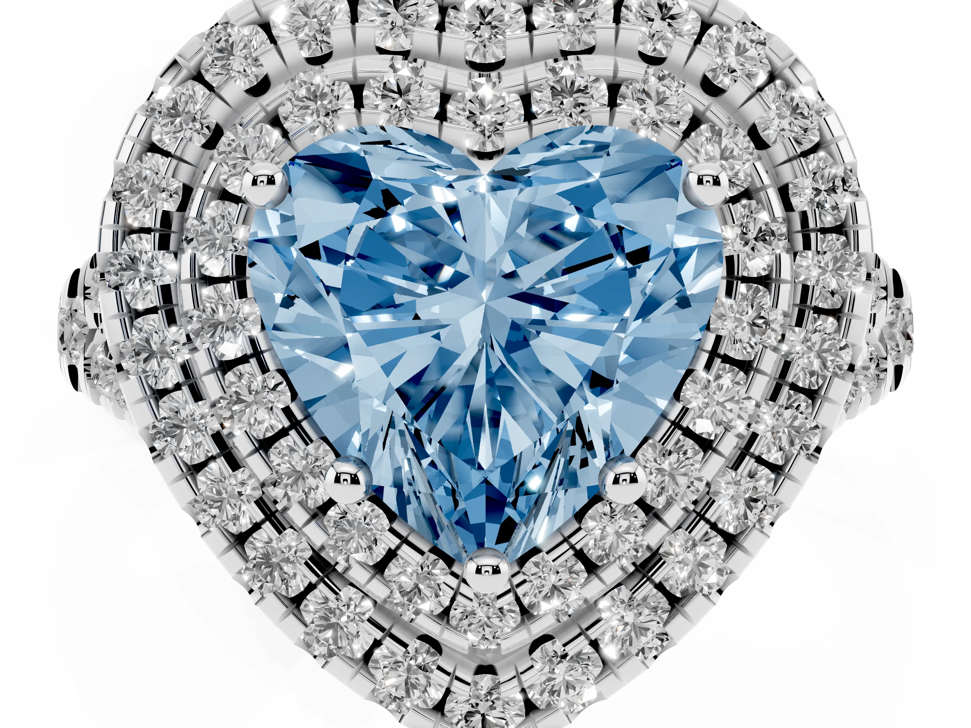 Fancy Blue Heart Cut Diamond Double Halo Ring Set in Silver with Pavé Split Shank and Prong Setting
