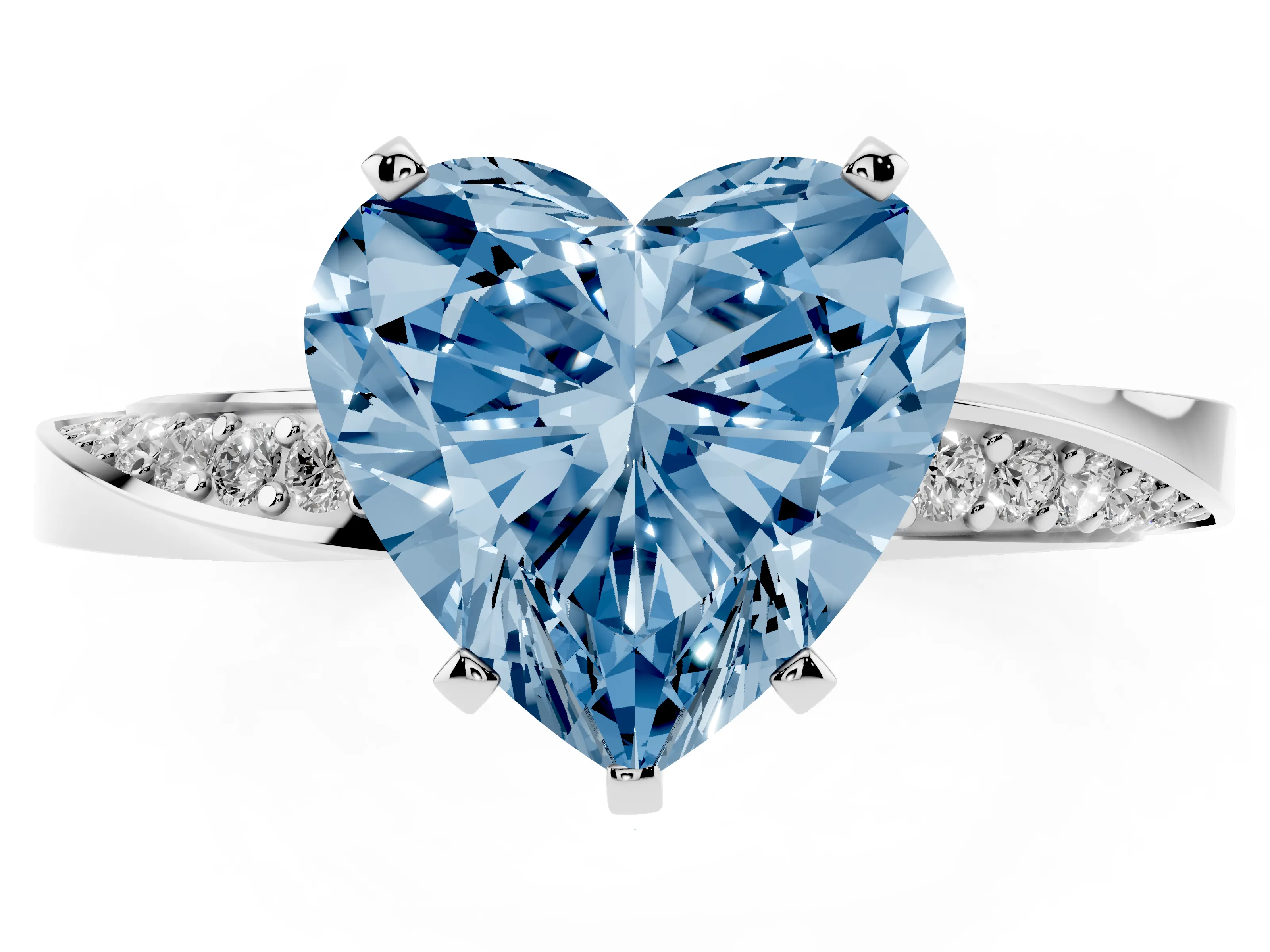 Fancy Blue Heart Cut Diamond Engagement Ring Set in White gold with Side Stone Accents and Prong Setting