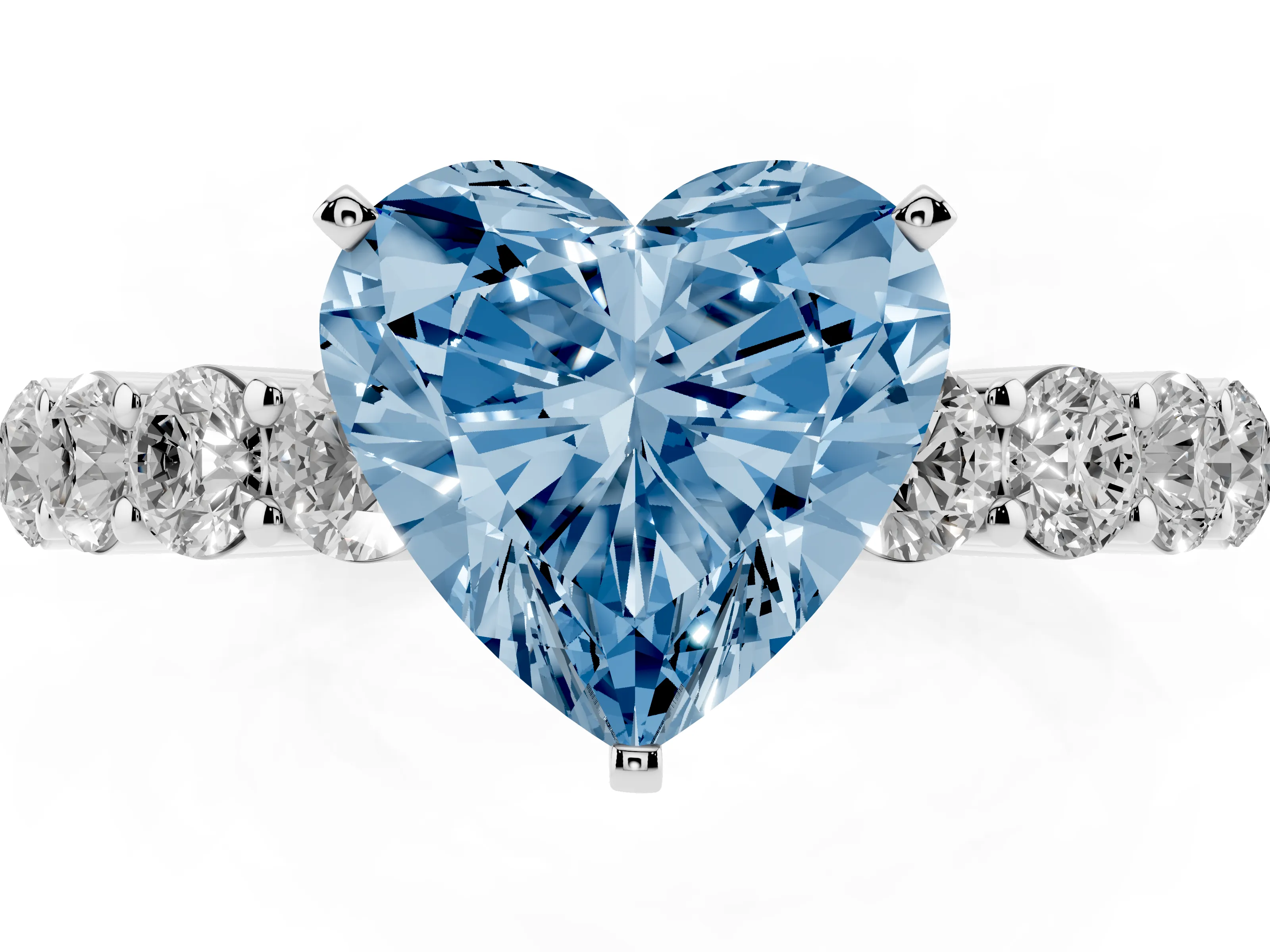 Fancy Blue Heart Cut Diamond Solitaire Ring Set in White gold with Shared Prong Round Side Stones