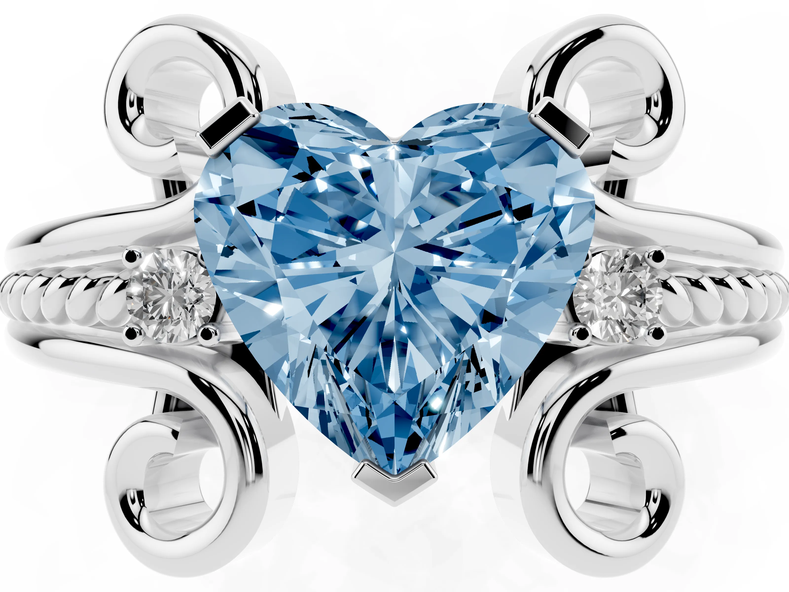 Fancy Blue Heart Cut Diamond Twisted Band Solitaire Ring Set in Platinum with Scroll Prongs