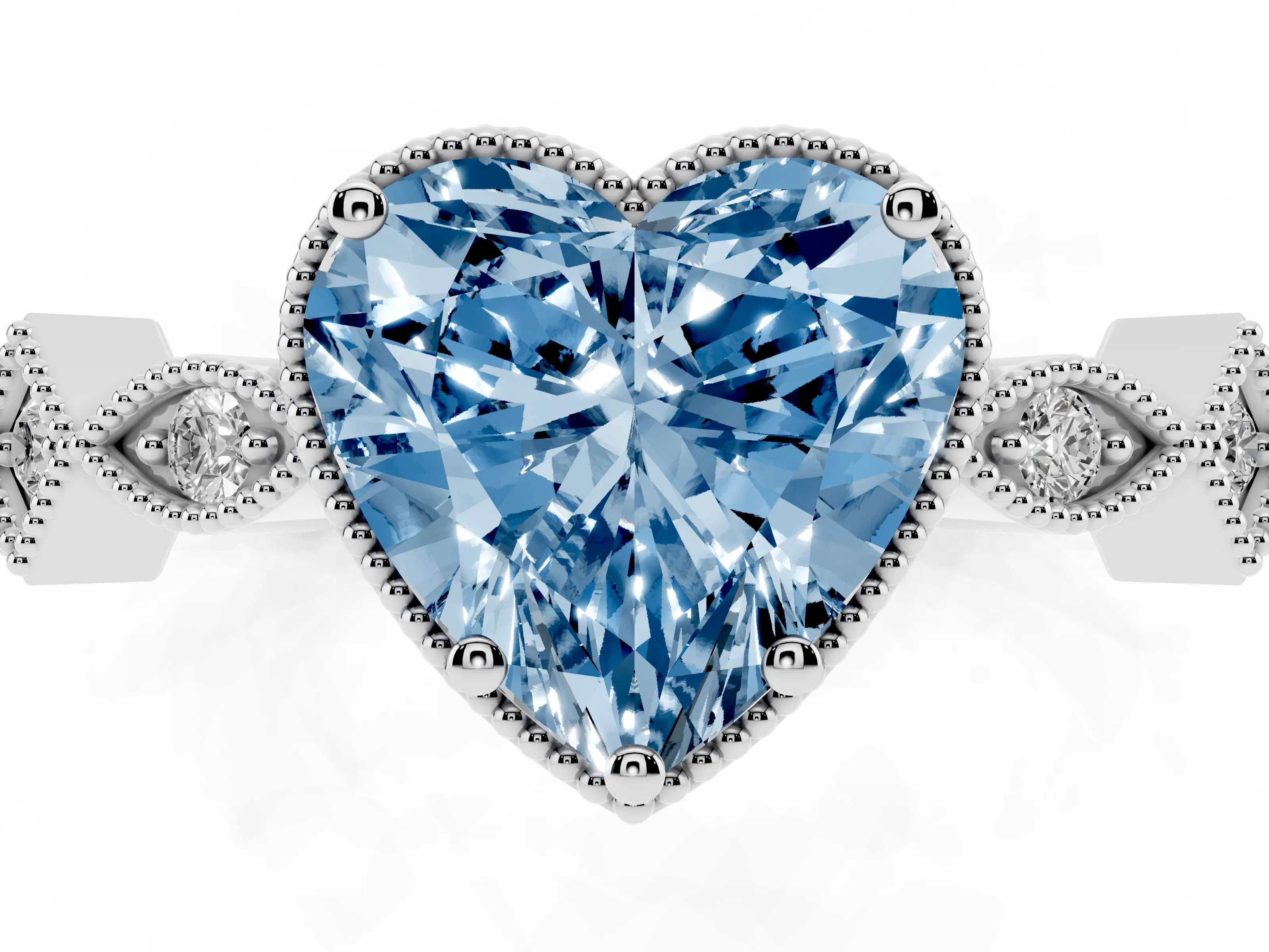 Fancy Blue Heart Cut Diamond Milgrain Marquise Twist Band Ring Set in White gold with Prong Setting