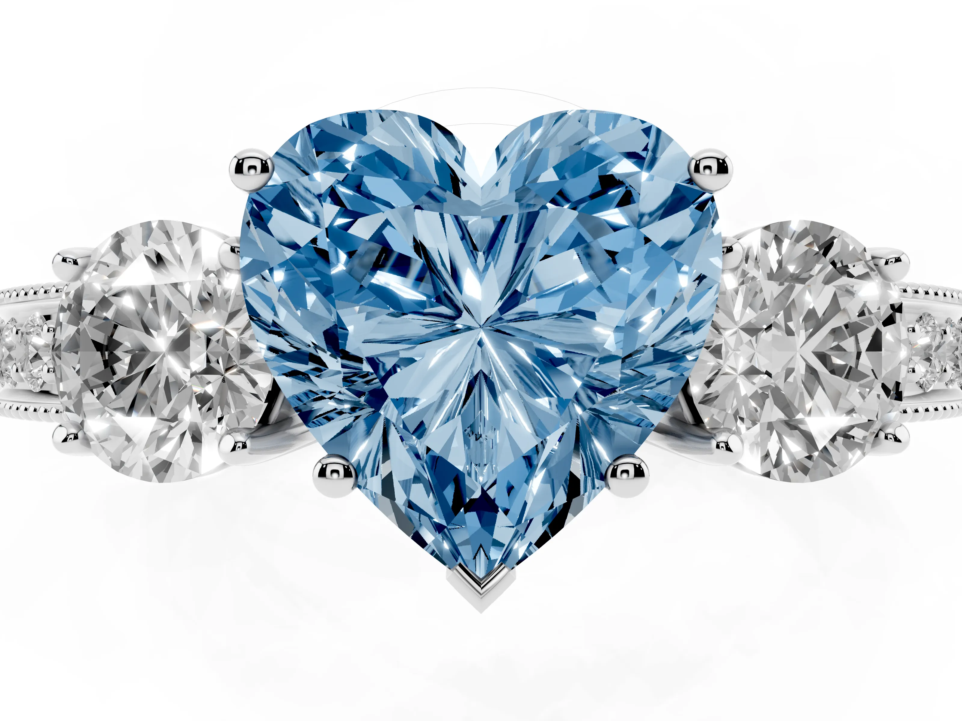 Fancy Blue Heart Cut Diamond Three-Stone Ring Set in White gold with Round Side Stones and Pavé Band