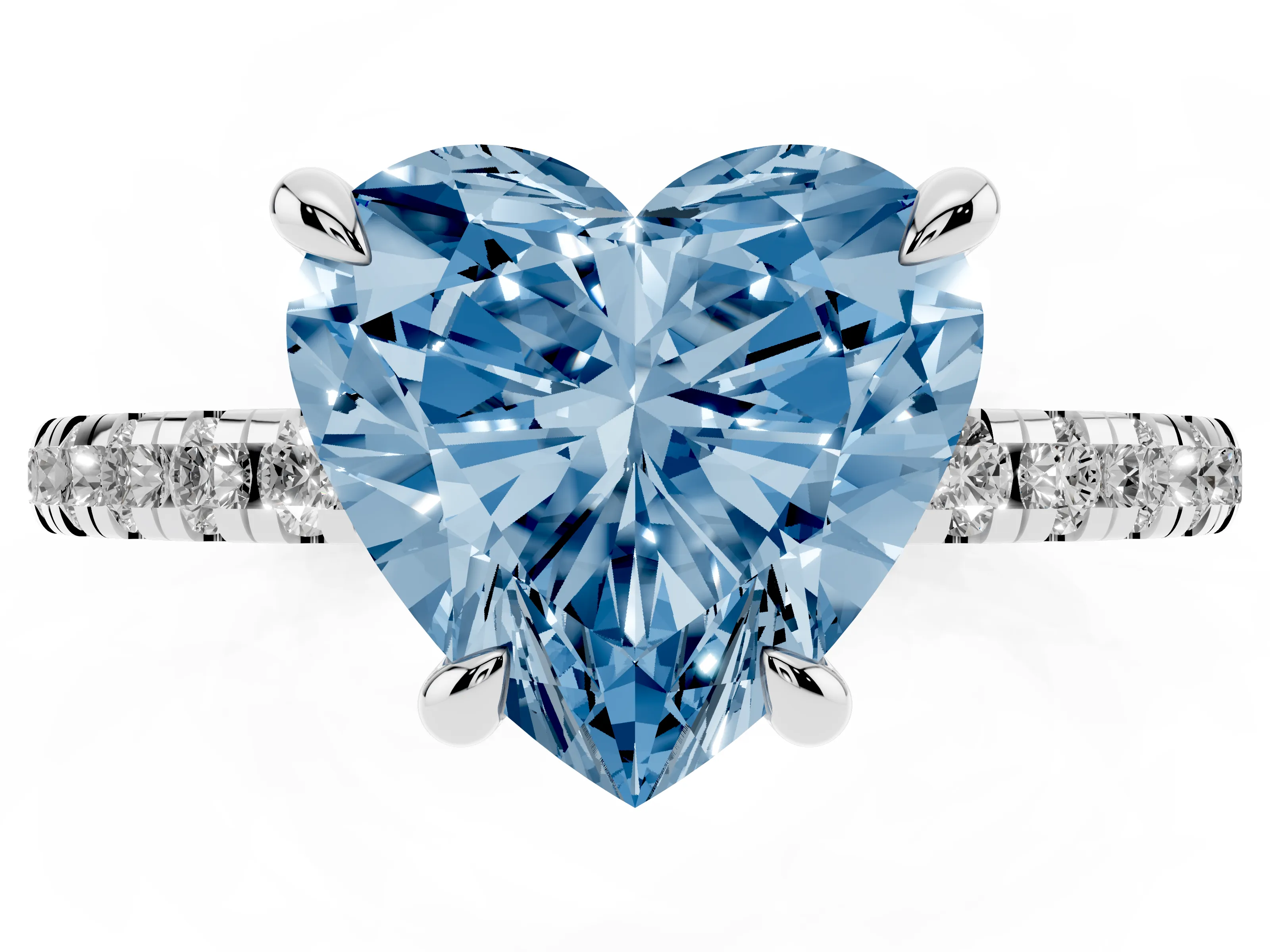 Fancy Blue Heart Cut Diamond Brilliant Solitaire Ring Set in White gold with Pavé Band and Prong Setting