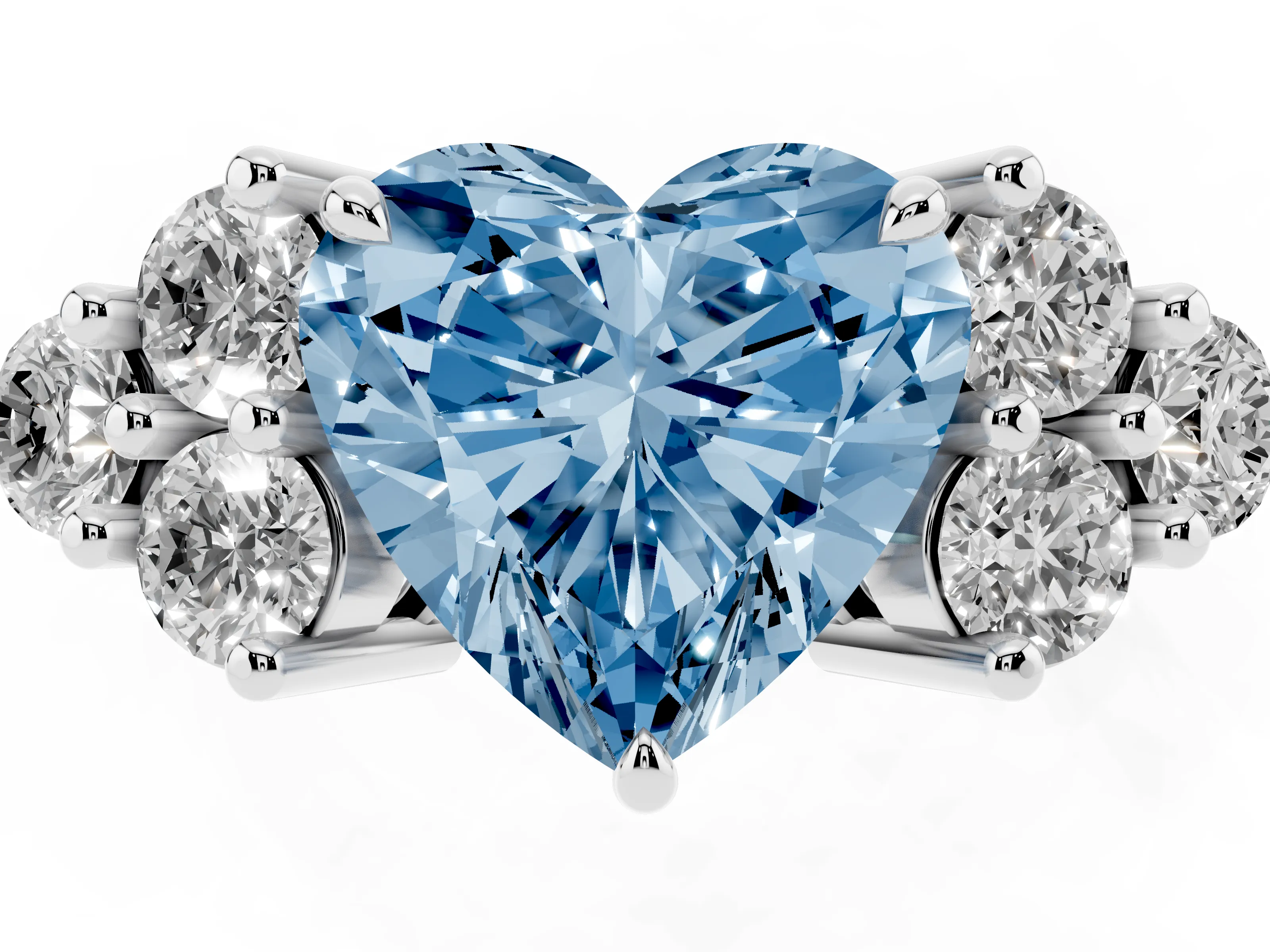 Fancy Blue Heart Cut Diamond Solitaire Ring Set in White gold with Cluster Accents on Each Side