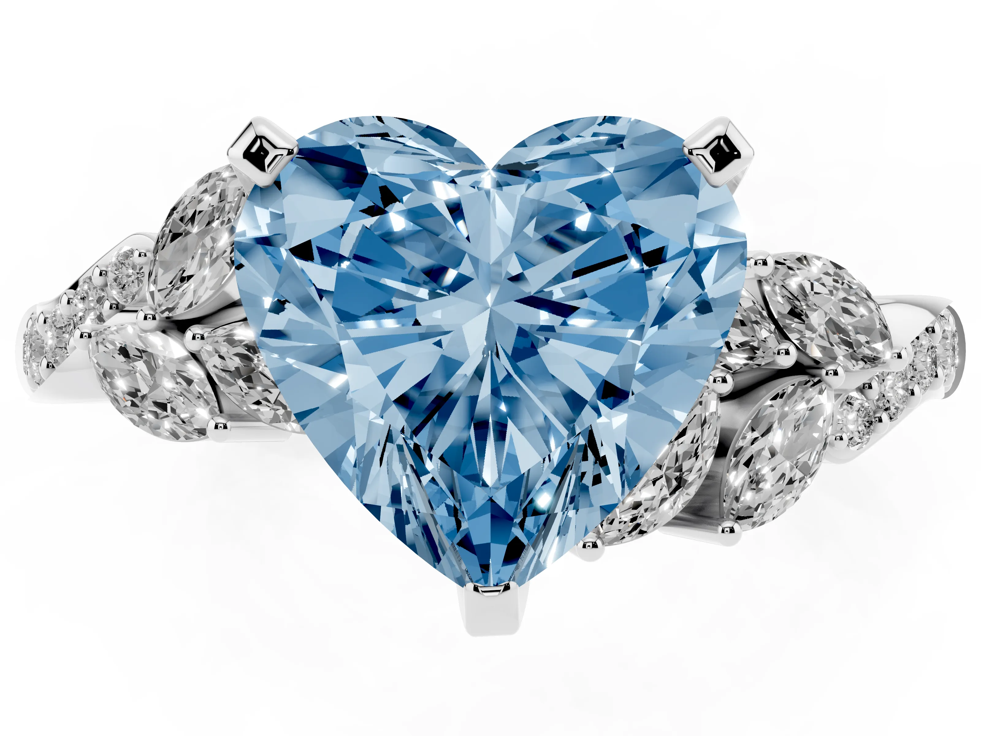 Fancy Blue Heart Cut Diamond Solitaire Ring Set in White gold with Marquise Twist Band and Prong Setting