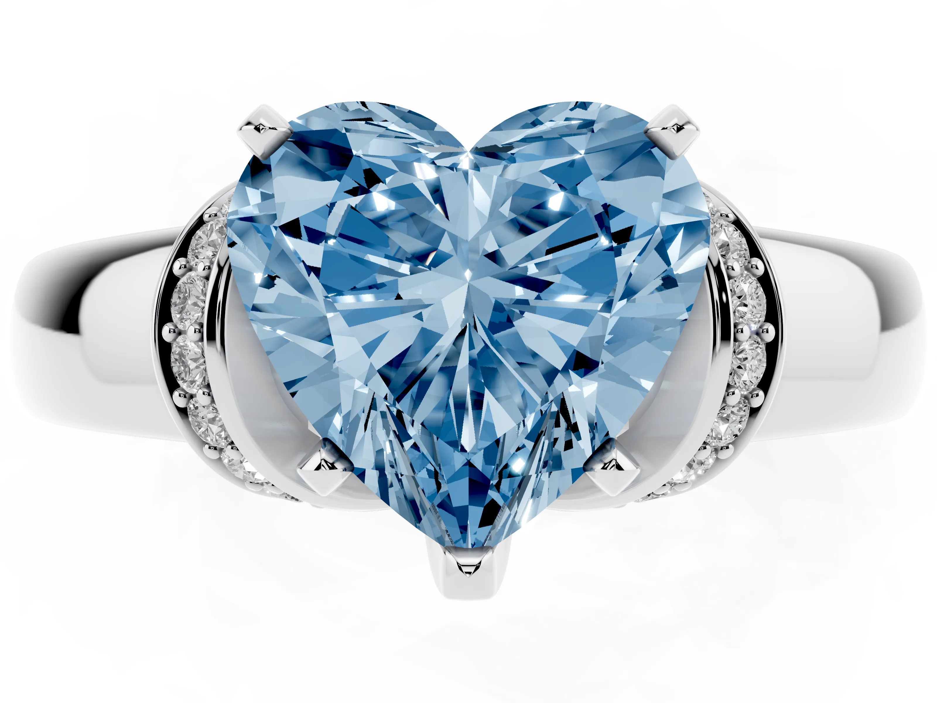 Fancy Blue Heart Cut Diamond Pavé Band Solitaire Ring Set in Platinum with Prong Setting