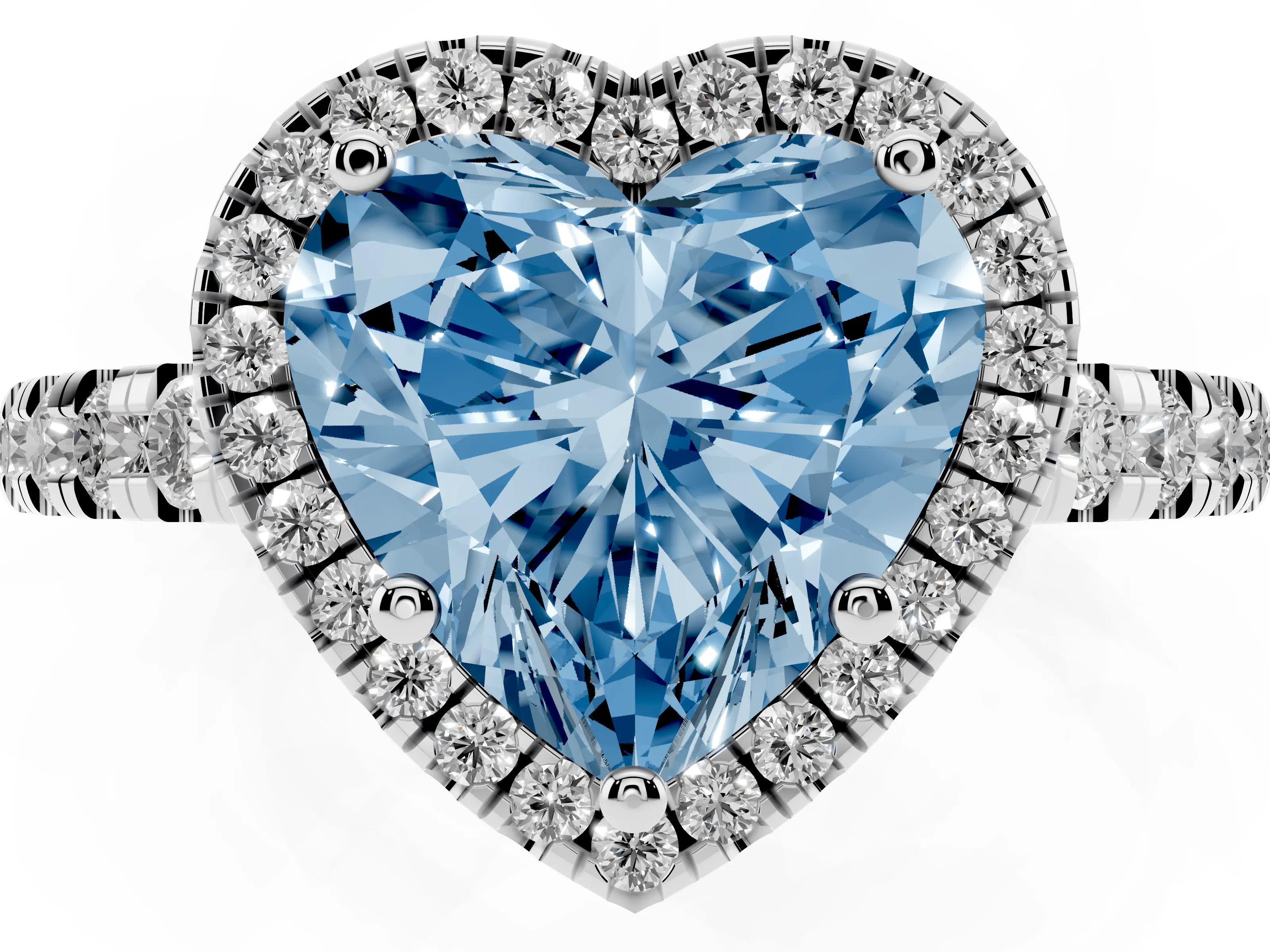 Fancy Blue Heart Cut Diamond Halo Ring Set in Silver with Delicate Pavé Band and Prong Setting