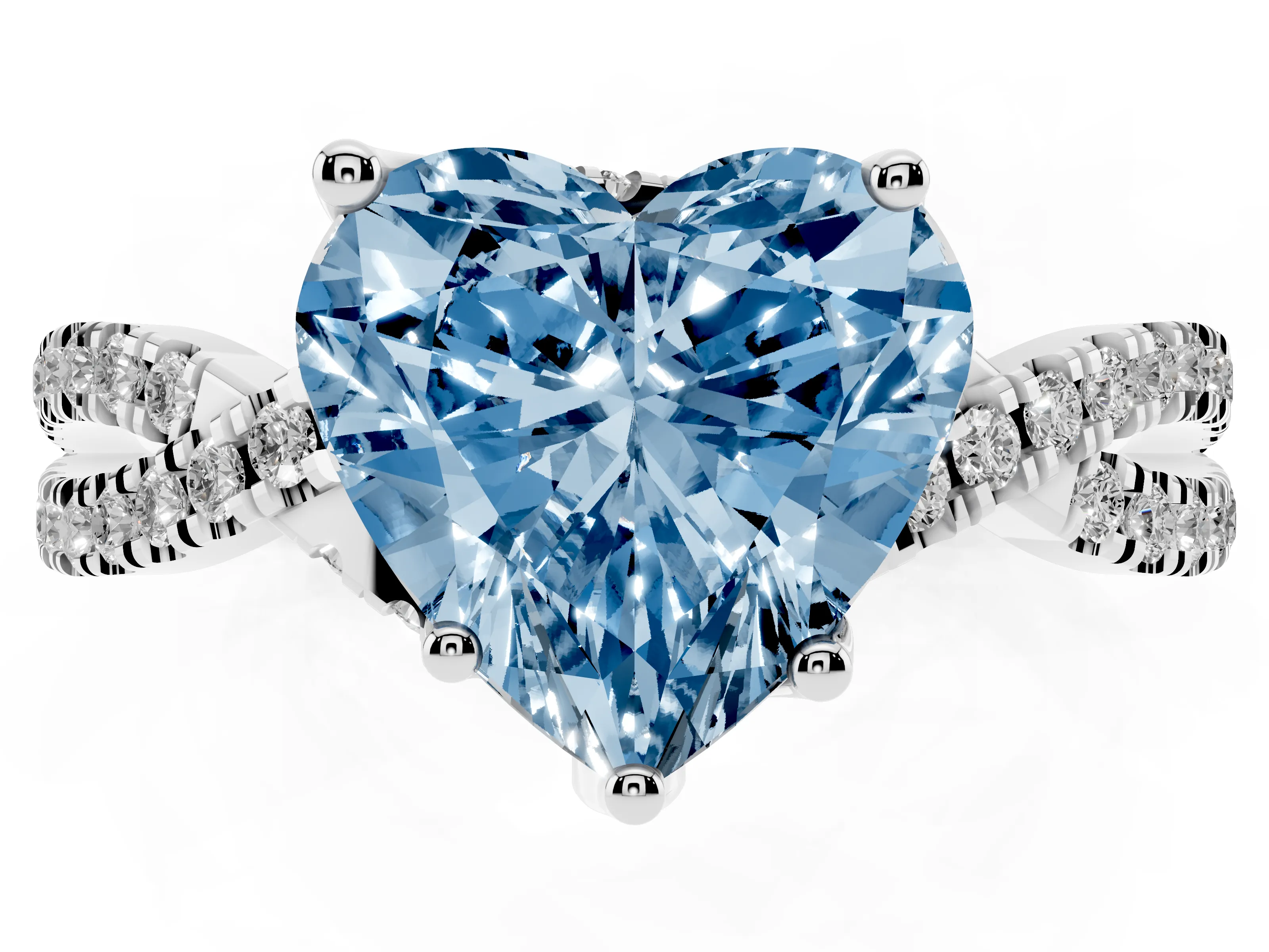 Fancy Blue Heart Cut Diamond Twist Pavé Solitaire Engagement Ring Set in Platinum with Prong Setting