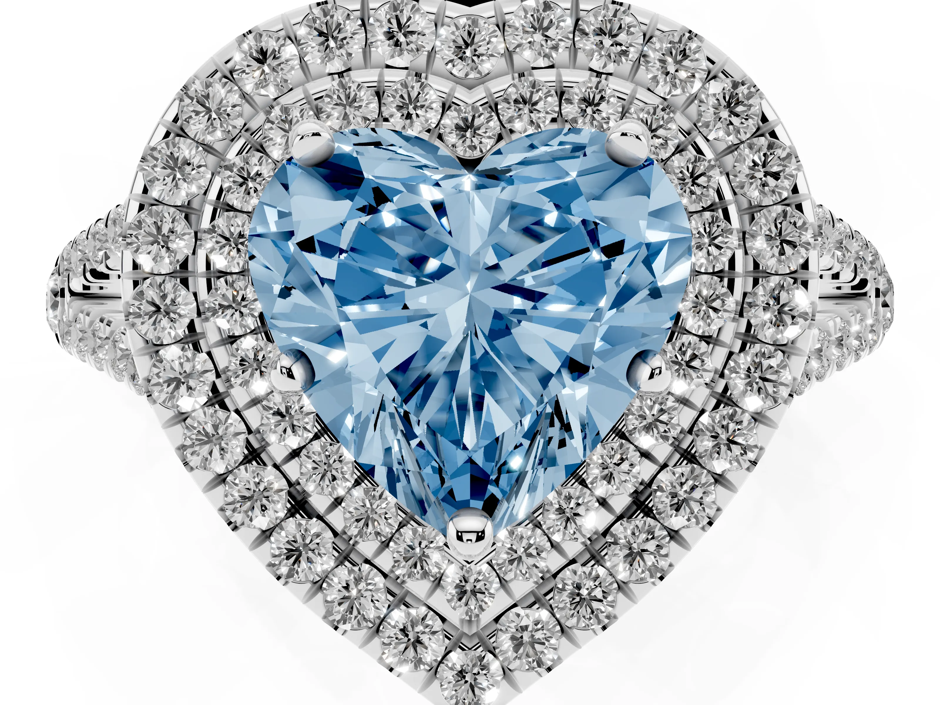 Fancy Blue Heart Cut Diamond Double Halo Ring Set in Silver with Pavé Band