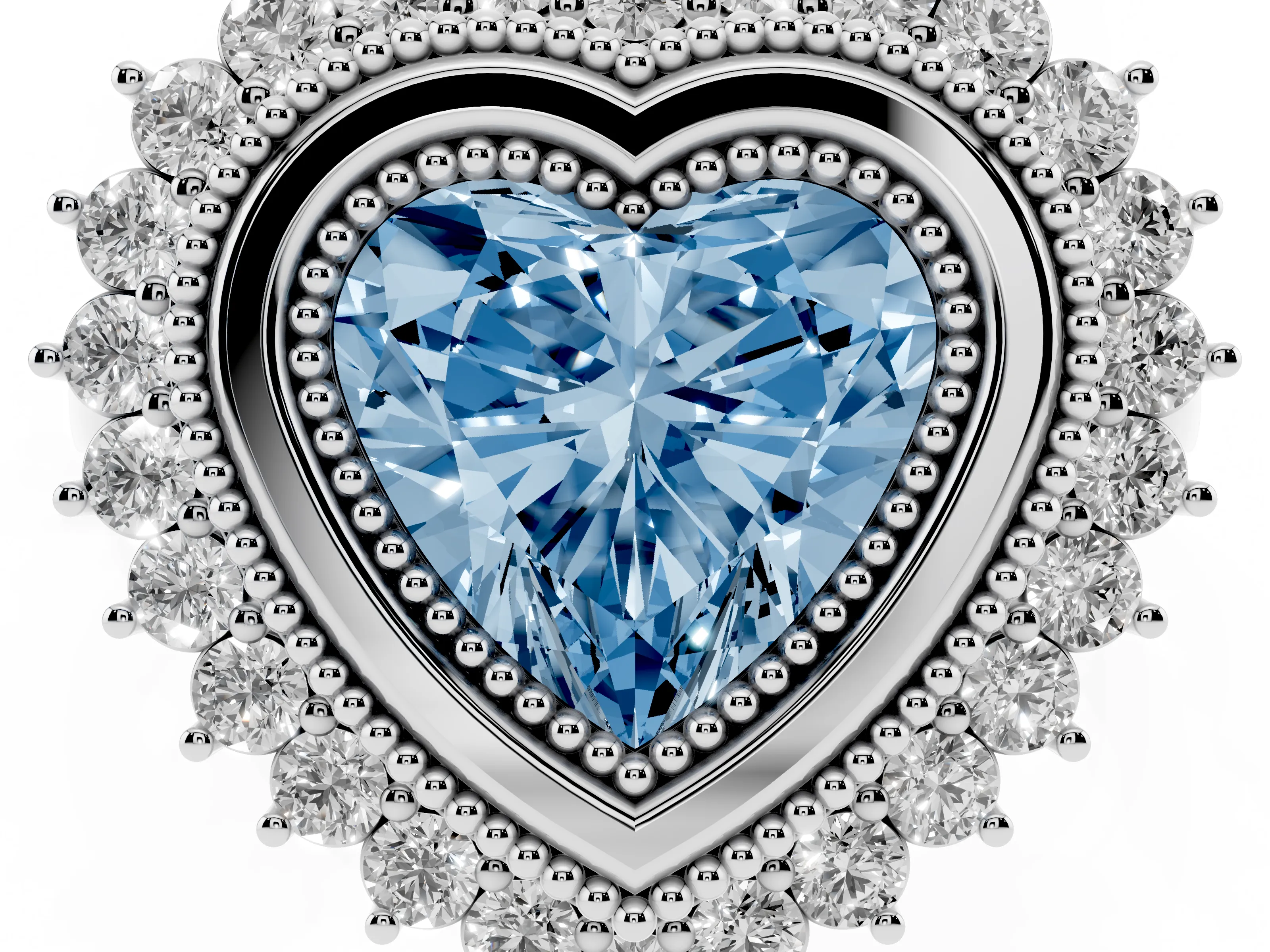 Fancy Blue Heart Cut Diamond Halo Ring Set in Platinum with Milgrain Edge and Round Prong Setting