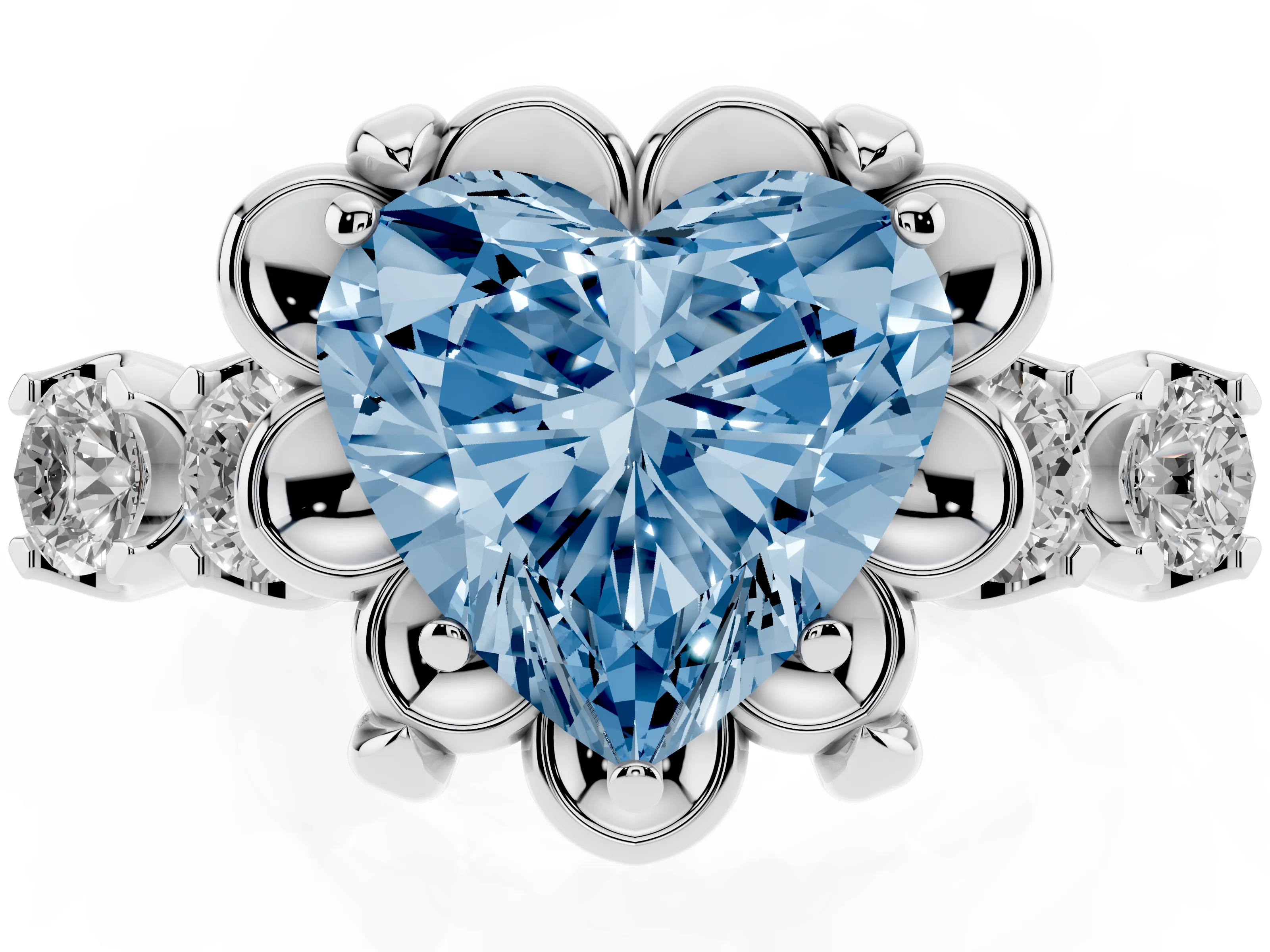Fancy Blue Heart Cut Diamond Floral Halo Ring Set in White gold with Shared Prong Band