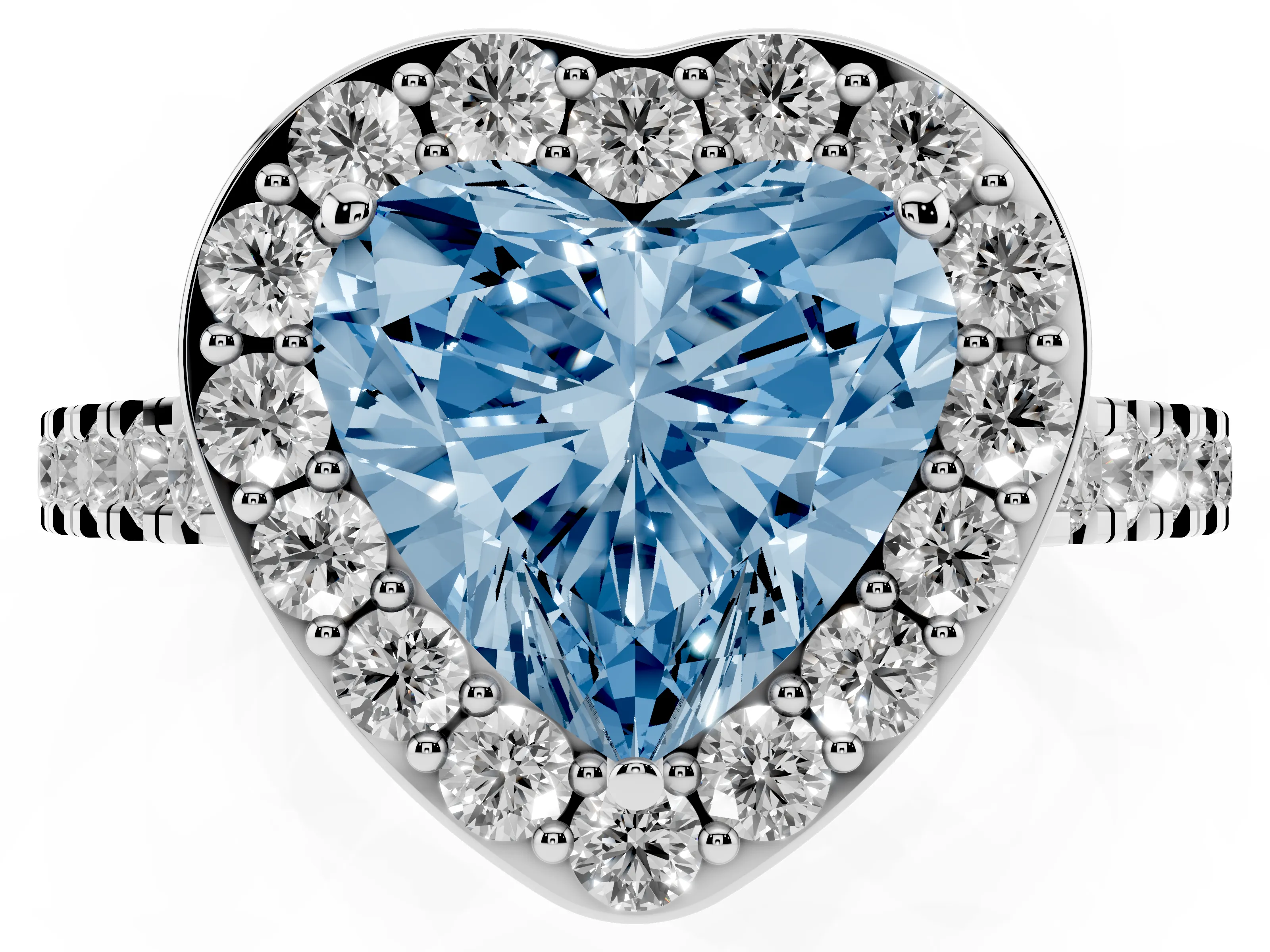 Fancy Blue Heart Cut Diamond Halo Ring Set in Silver with Round Pavé Split Shank and Prong Setting