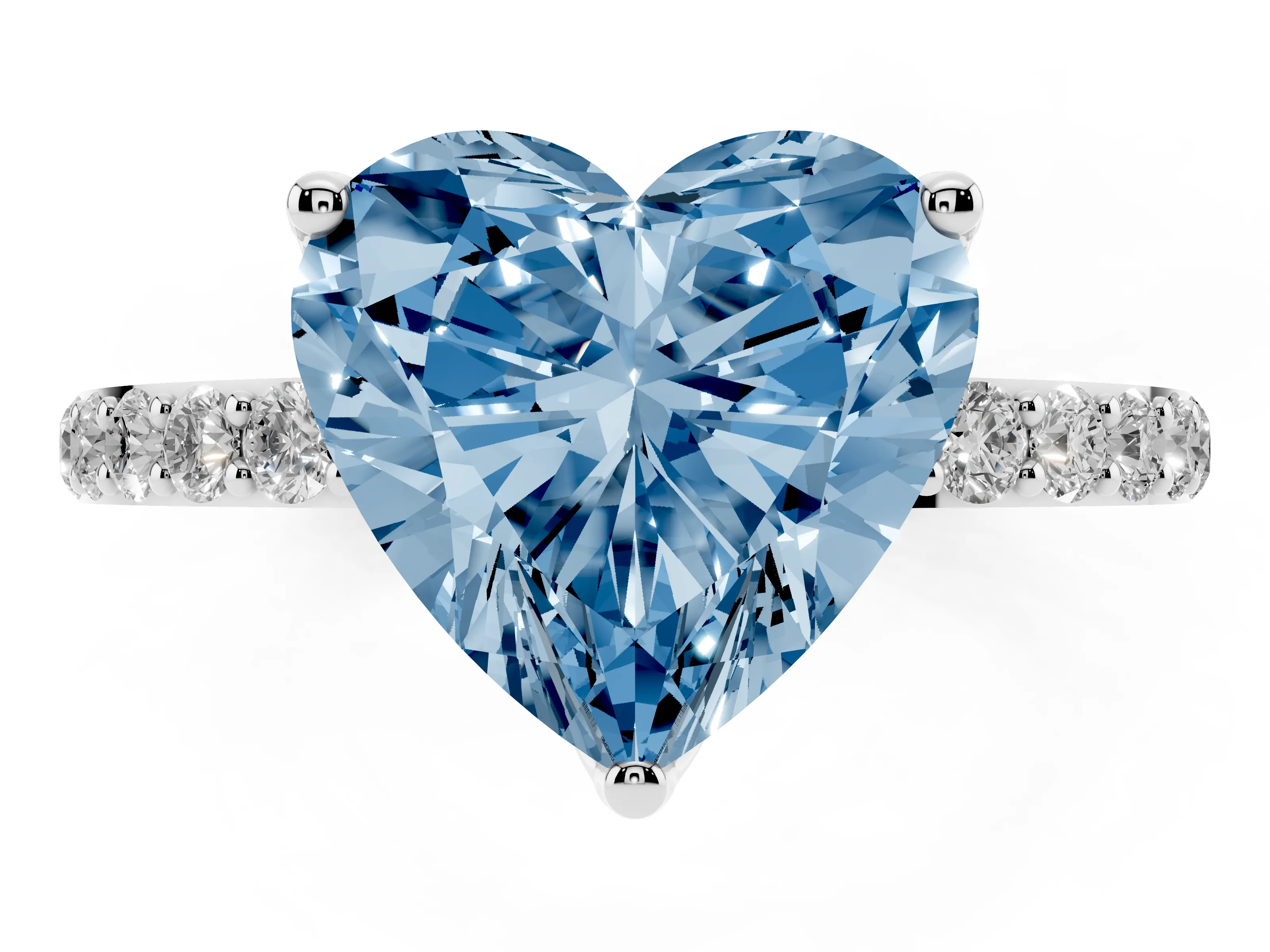 Fancy Blue Heart Cut Diamond Solitaire Engagement Ring Set in White gold with Round Pavé Band and Prong Setting