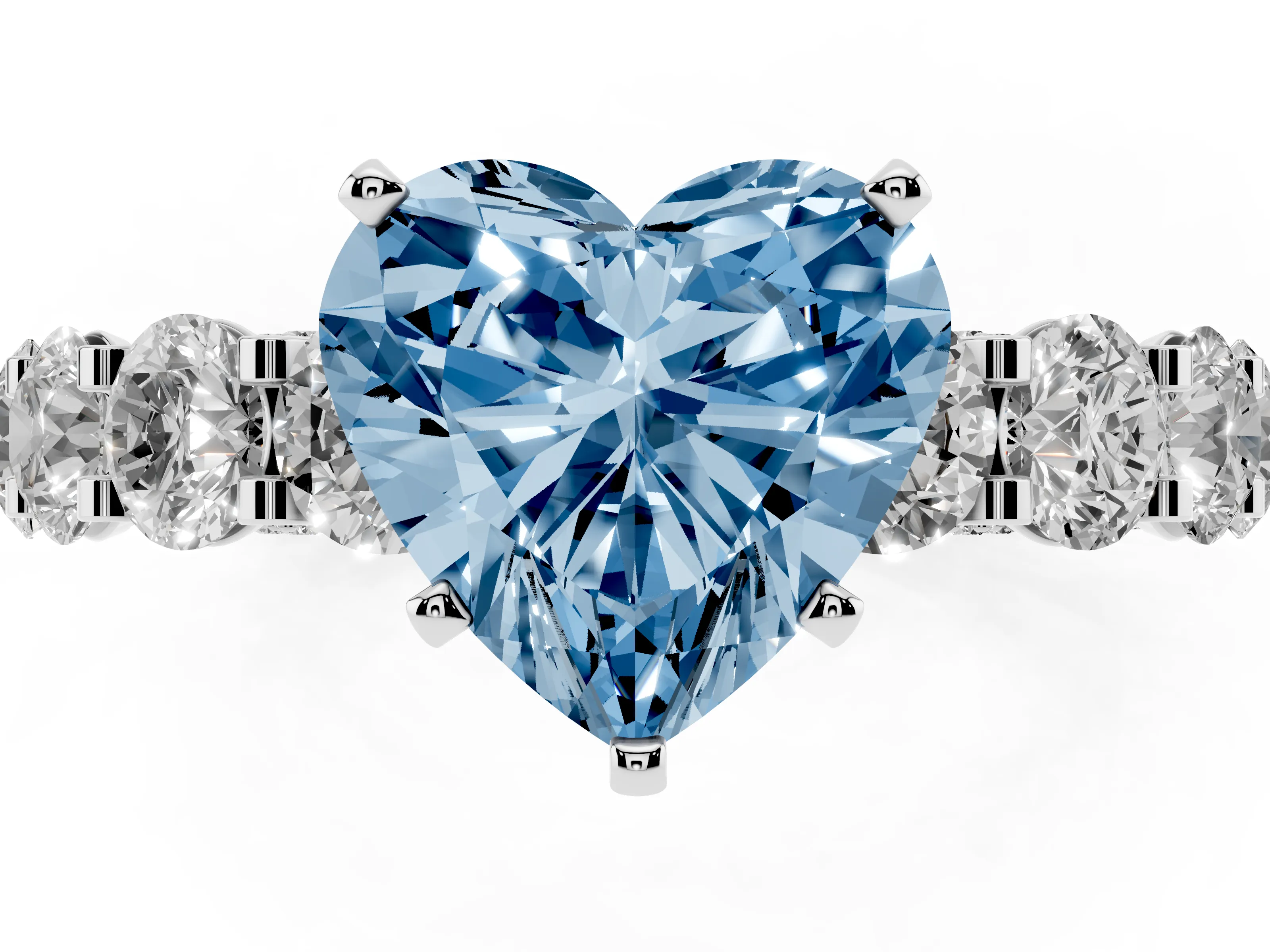 Fancy Blue Heart Cut Diamond Side Stone Ring Set in Silver with Alternating Round and Oval Side Stones