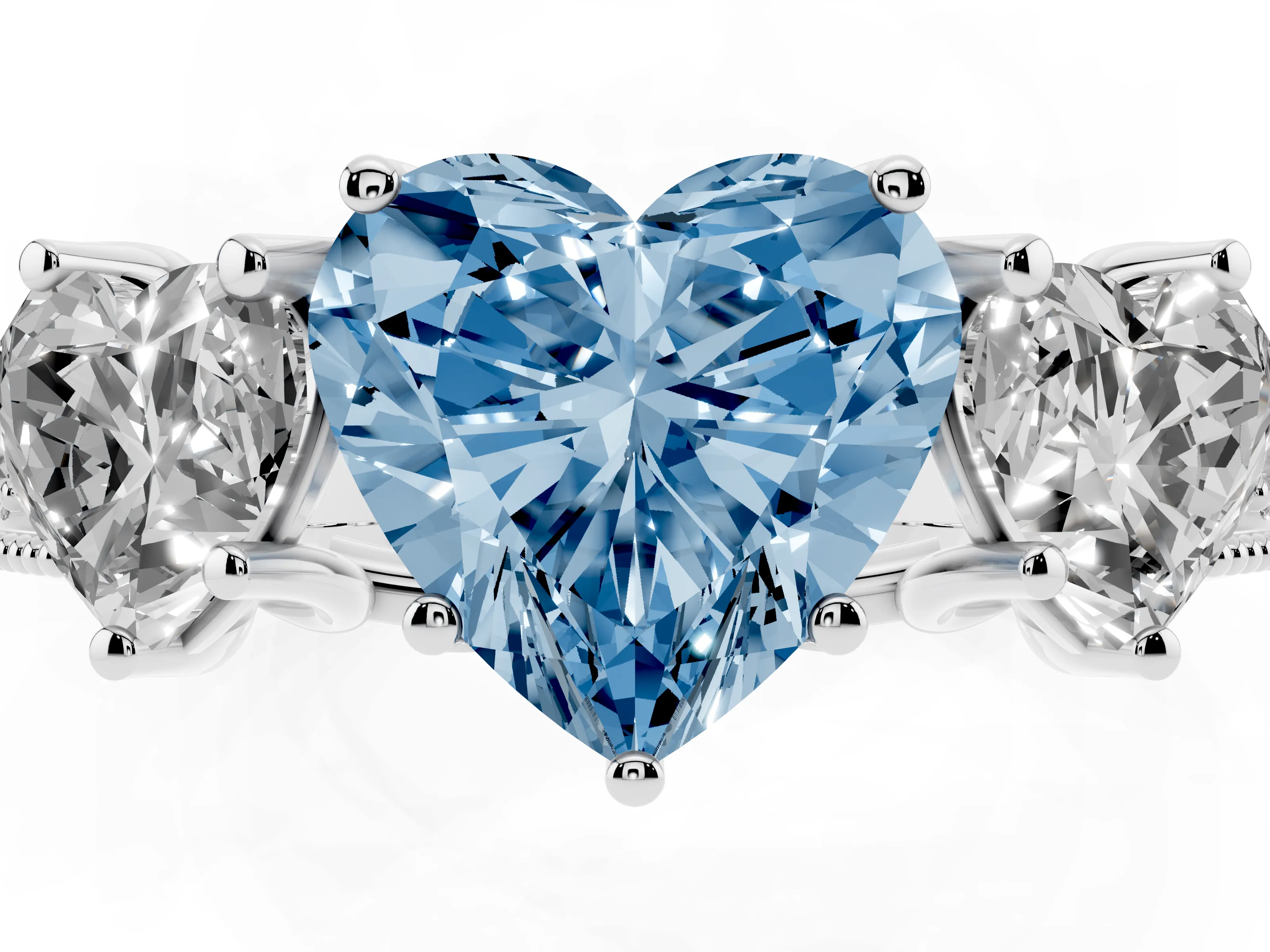 Fancy Blue Heart Cut Diamond Three-Stone Engagement Ring Set in Platinum with Milgrain Pavé Band