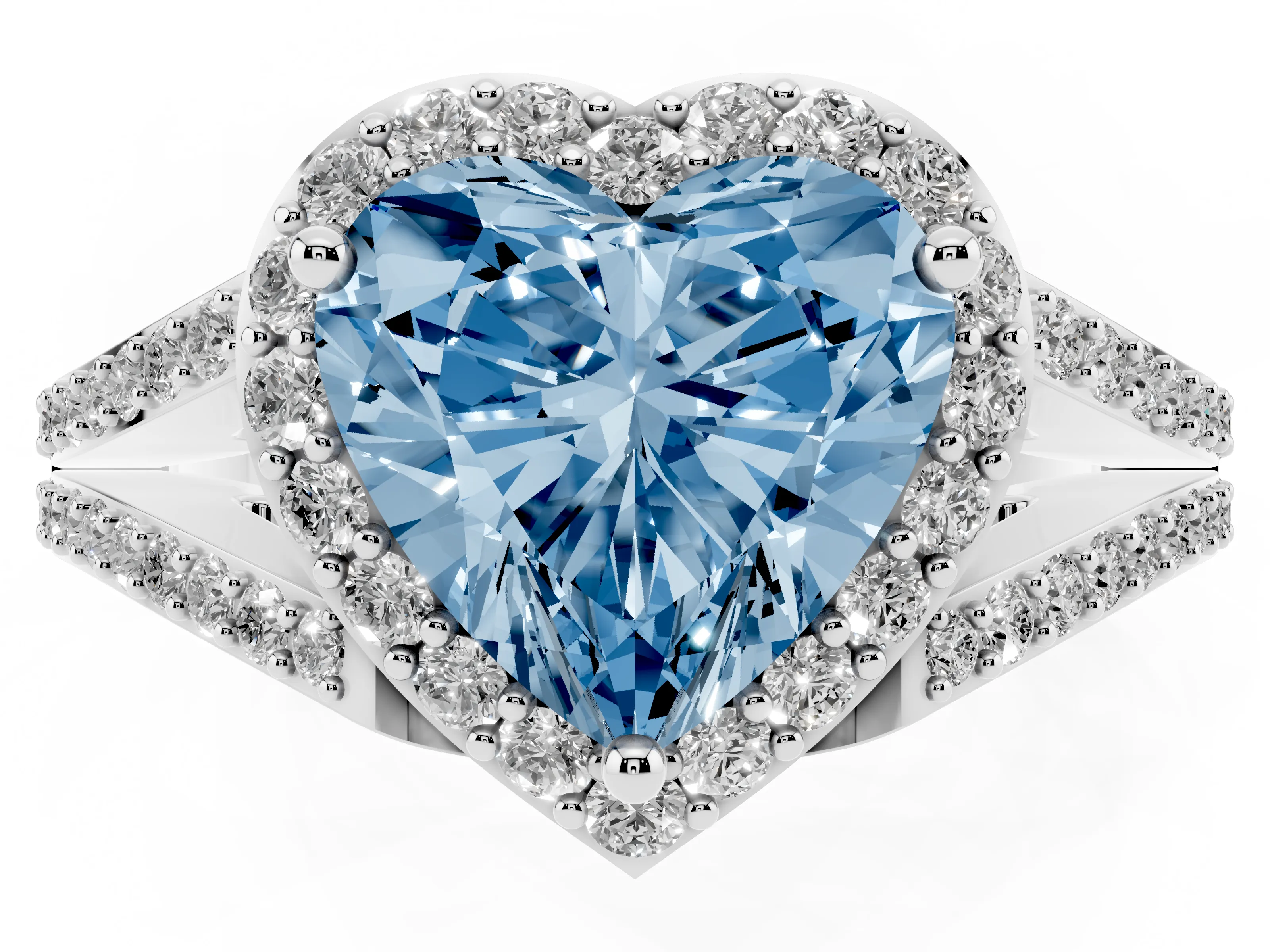 Fancy Blue Heart Cut Diamond Halo Split Shank Pavé Ring Set in White gold with Prong Setting