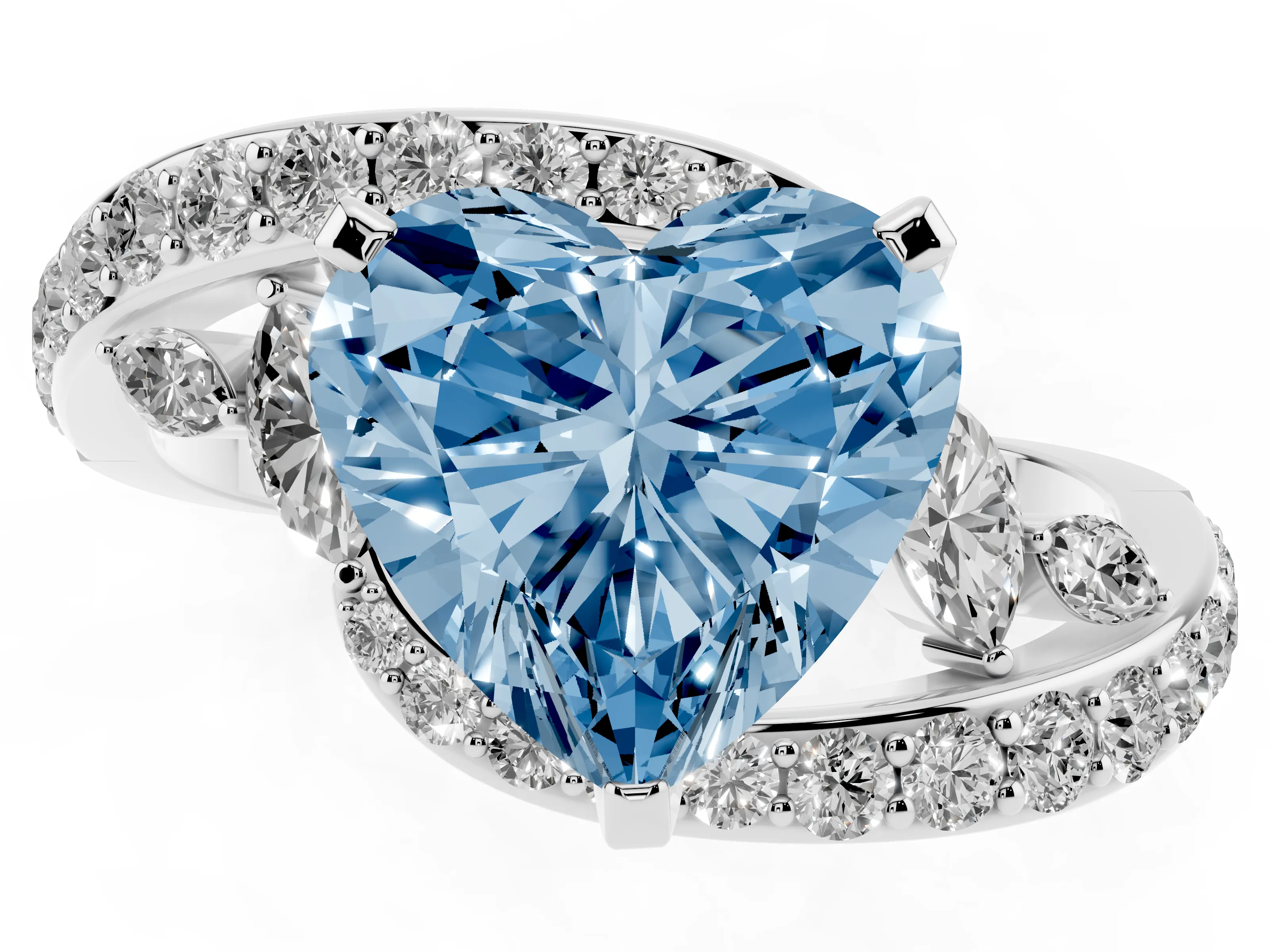 Fancy Blue Heart Cut Diamond Solitaire Ring Set in White gold with Pavé Twist Band and Secure Prong Setting