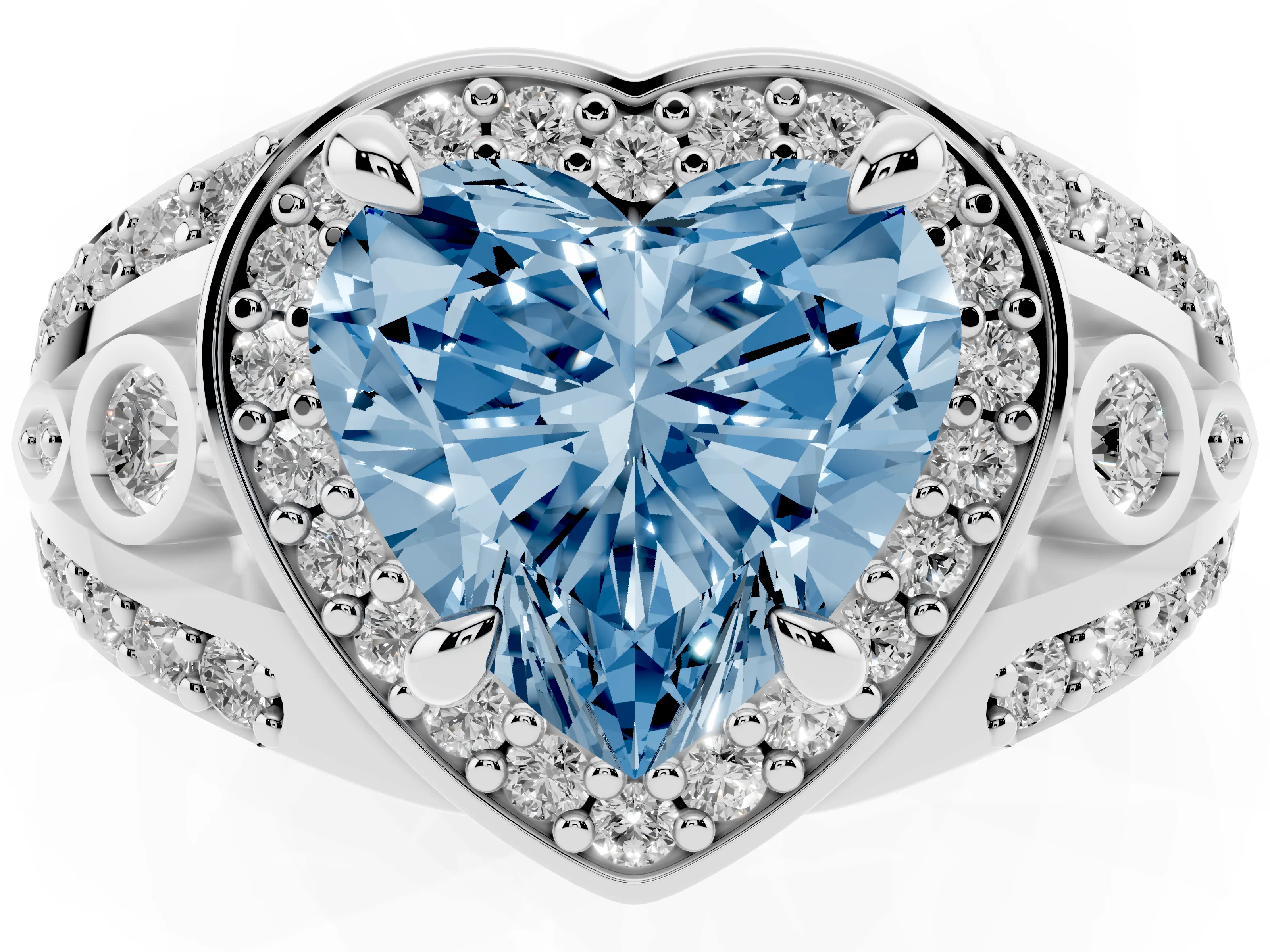 Fancy Blue Heart Cut Diamond Halo Ring Set in Silver with Pavé Split Shank and Bezel Accents