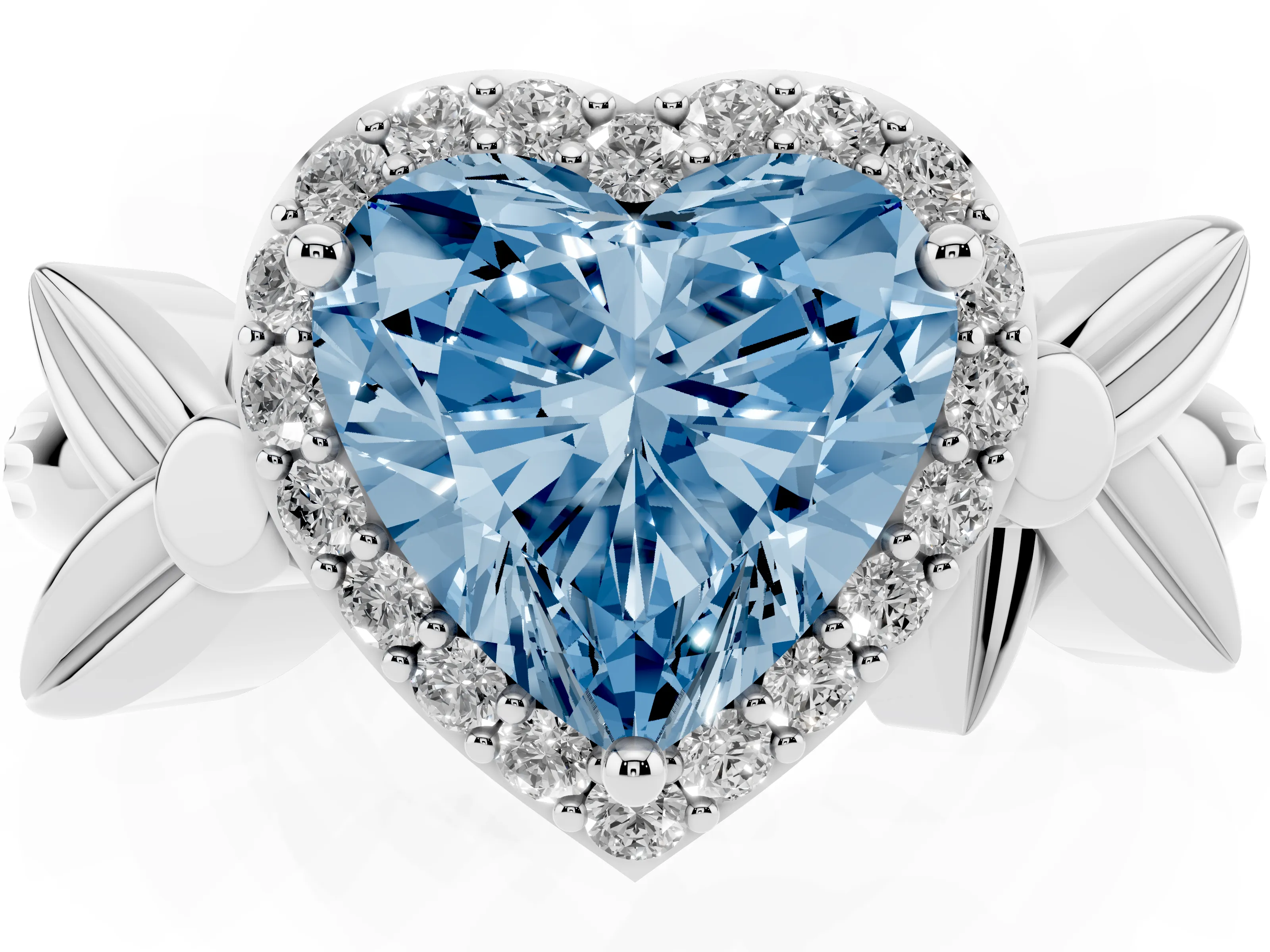 Fancy Blue Heart Cut Diamond Halo Floral Band Ring Set in Silver with Prong Setting