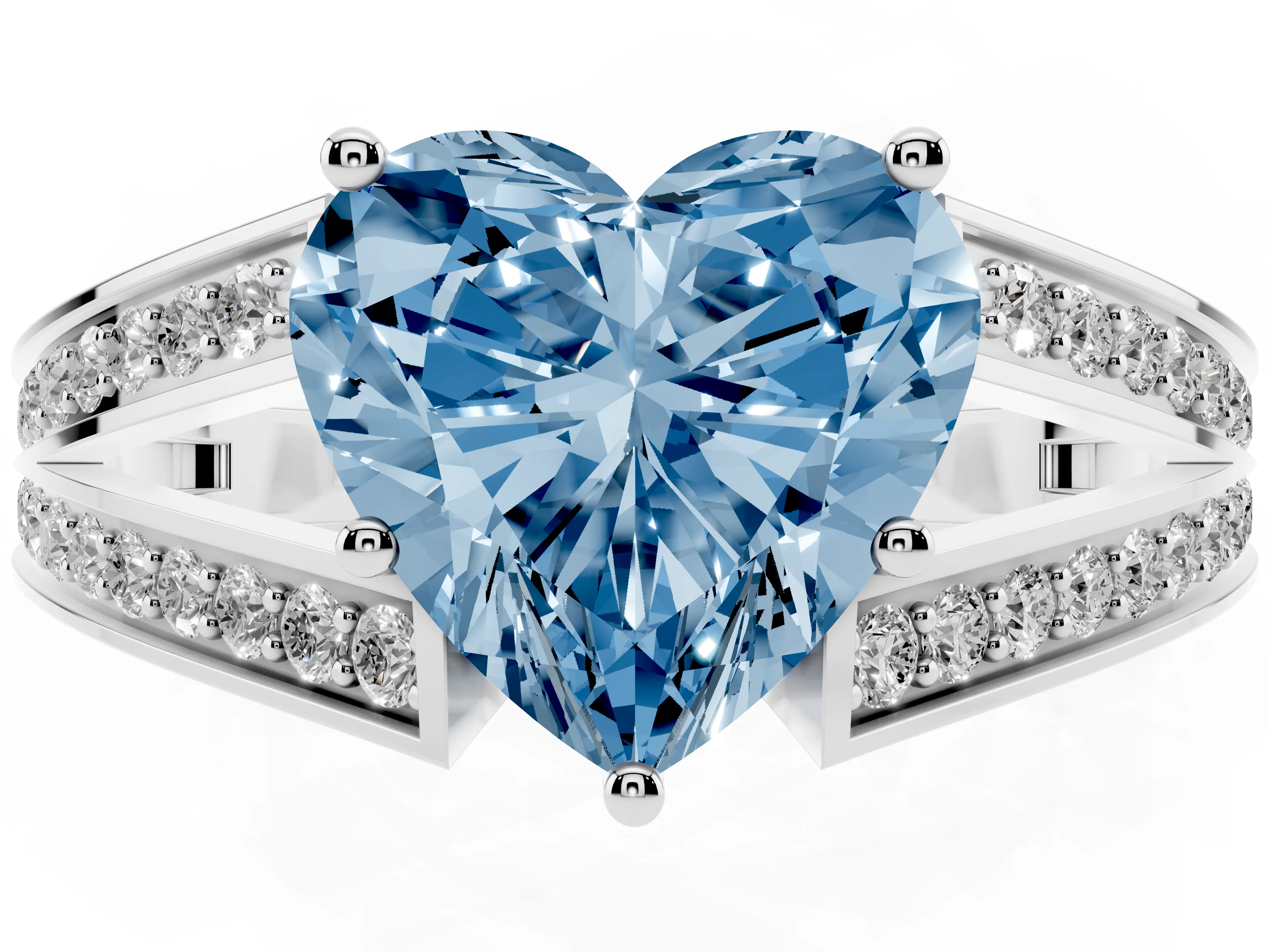 Fancy Blue Heart Cut Diamond Split Shank Ring Set in Platinum with Pavé Band and Prong Setting