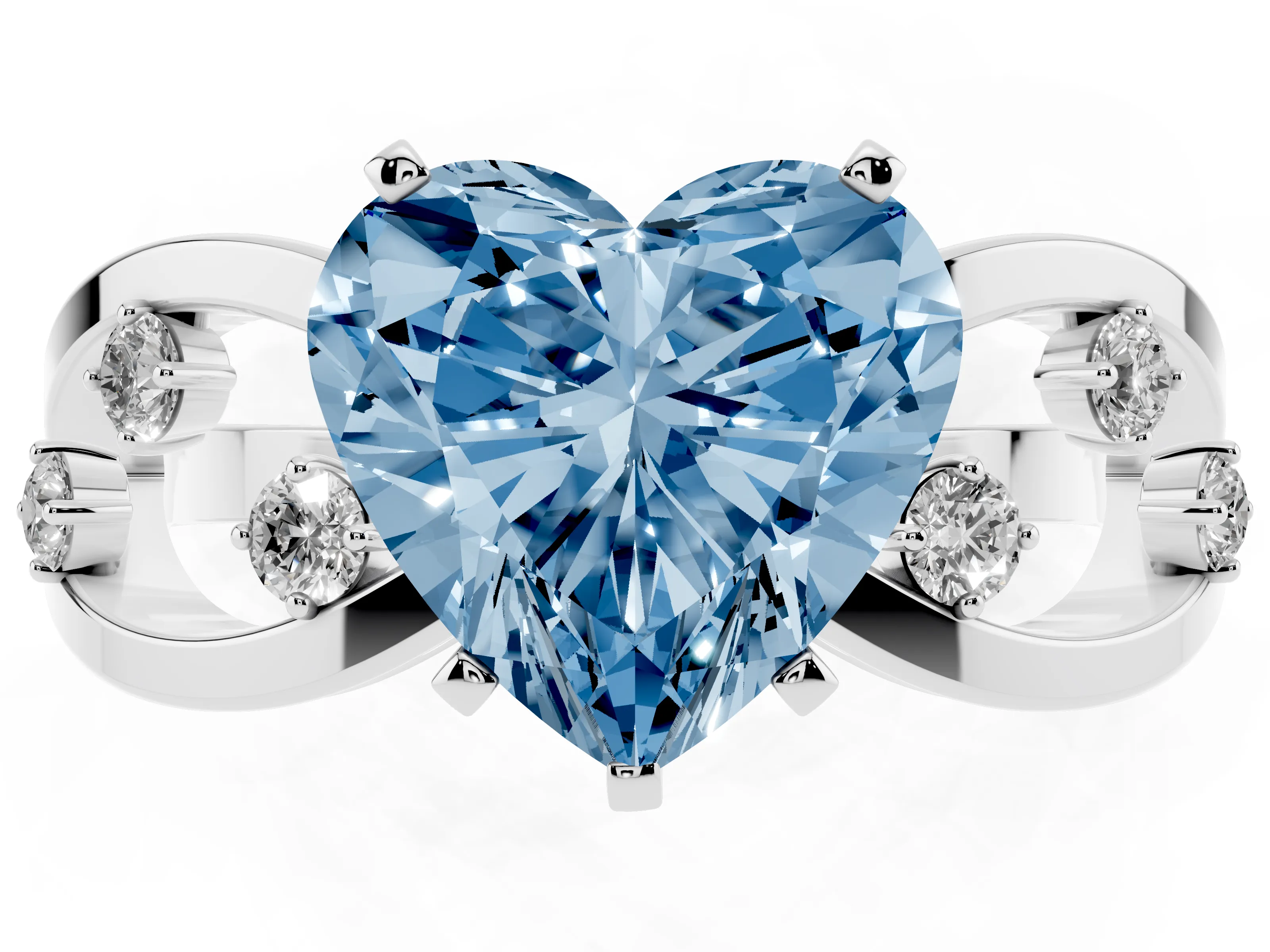 Fancy Blue Heart Cut Diamond Solitaire Ring Set in Platinum with Side Stones on Criss-Cross Band and Prong Setting