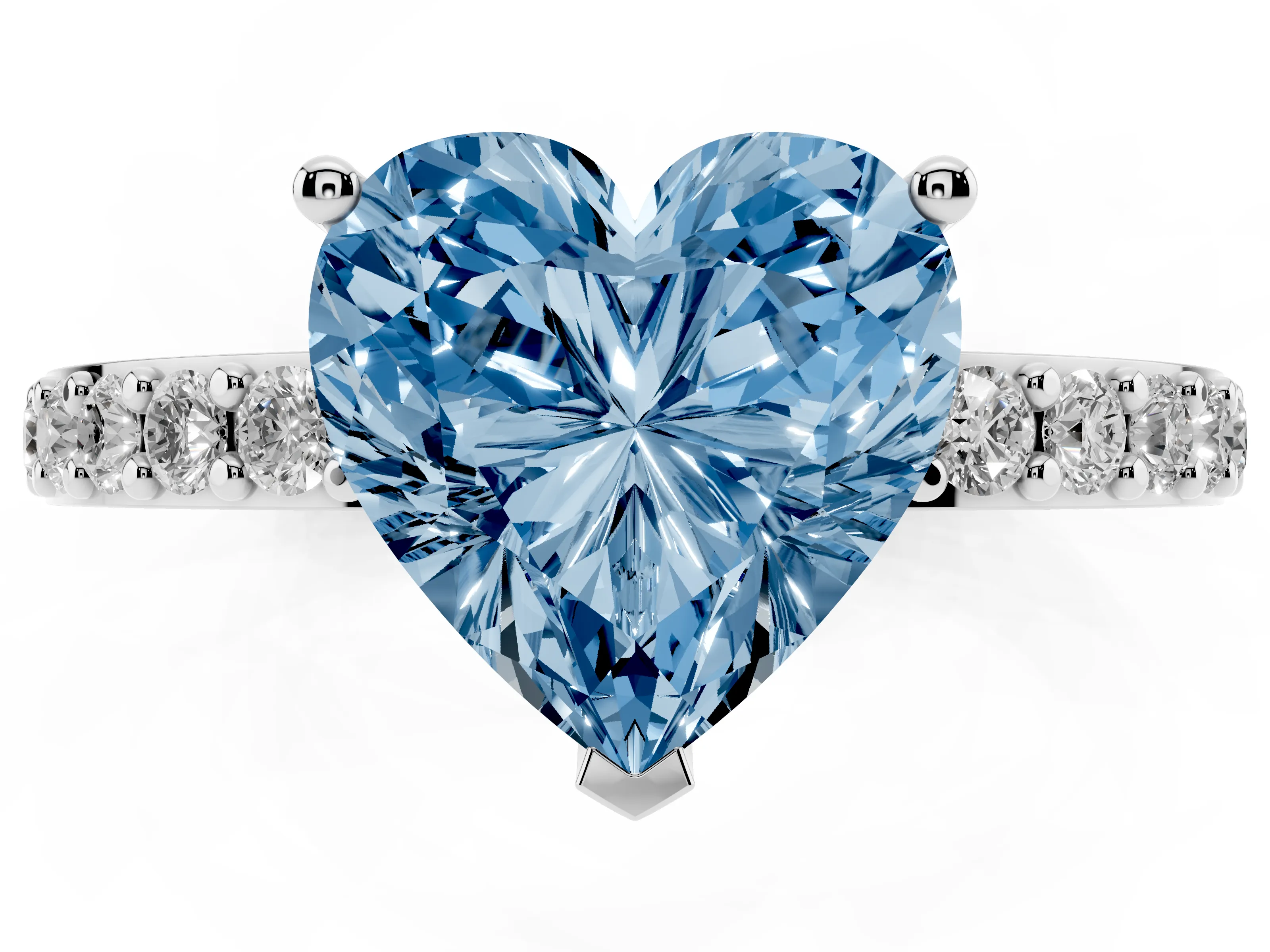 Fancy Blue Heart Cut Diamond Solitaire Set in White gold with Round Pavé Band and Prong Setting