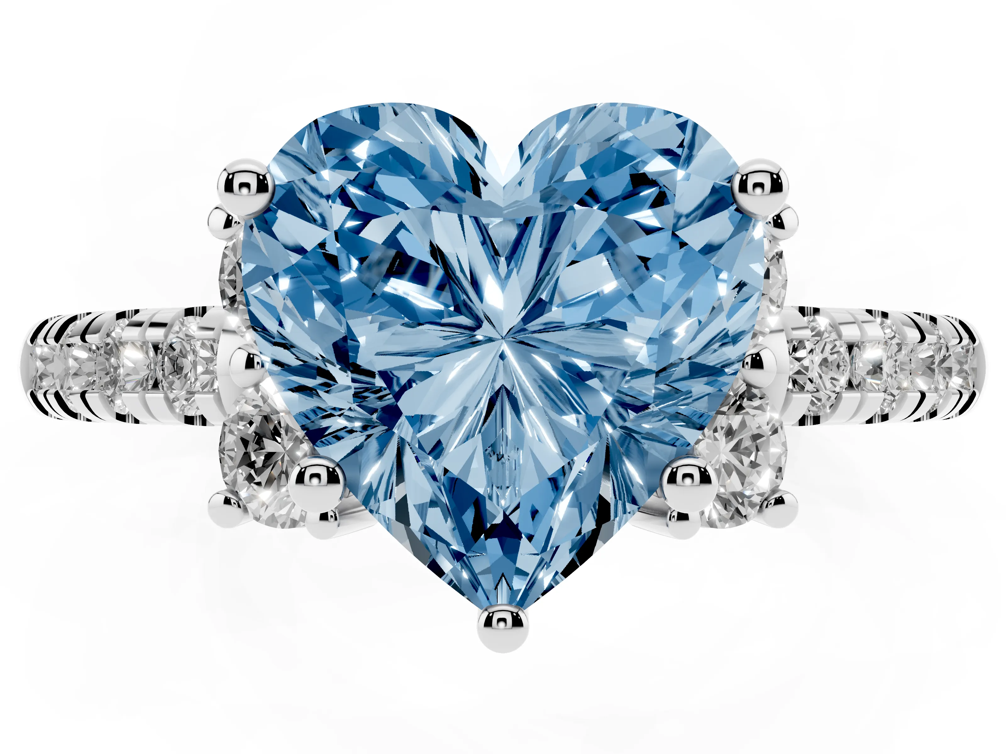 Fancy Blue Heart Cut Diamond Three-Stone Pavé Ring Set in Silver with Prong Setting