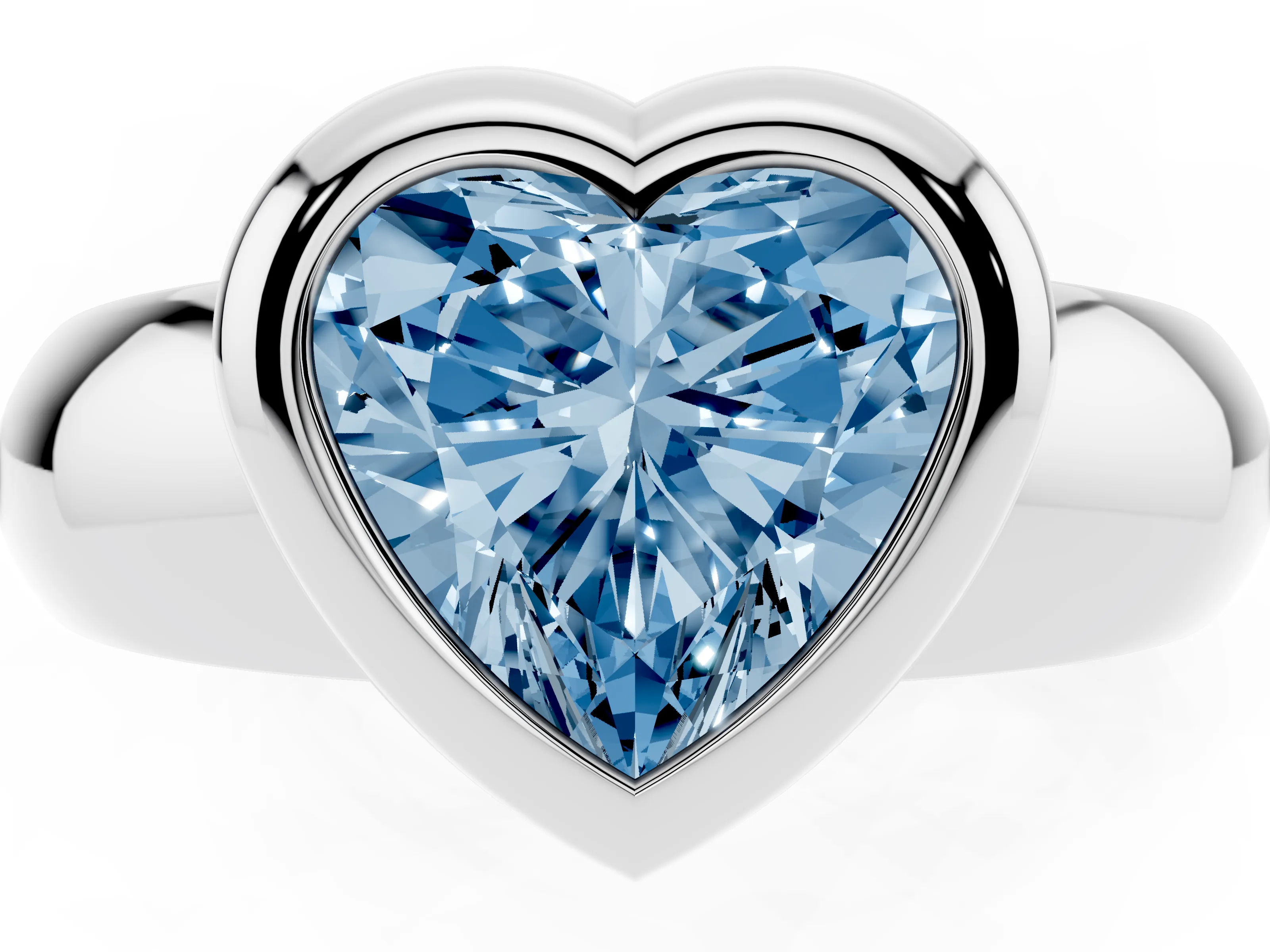 Fancy Blue Bezel Set Heart Cut Diamond Solitaire Ring Set in White gold with Wide Band