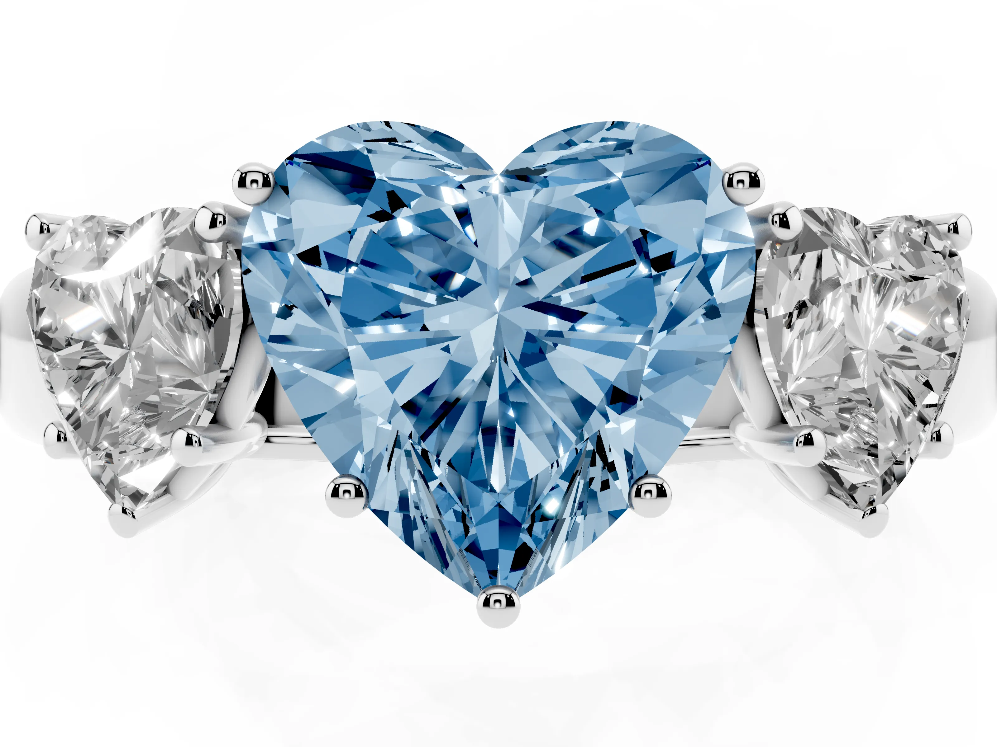 Fancy Blue Three-Stone Heart Cut Diamond Ring Set in Silver with Matching Prong Settings and Plain Band