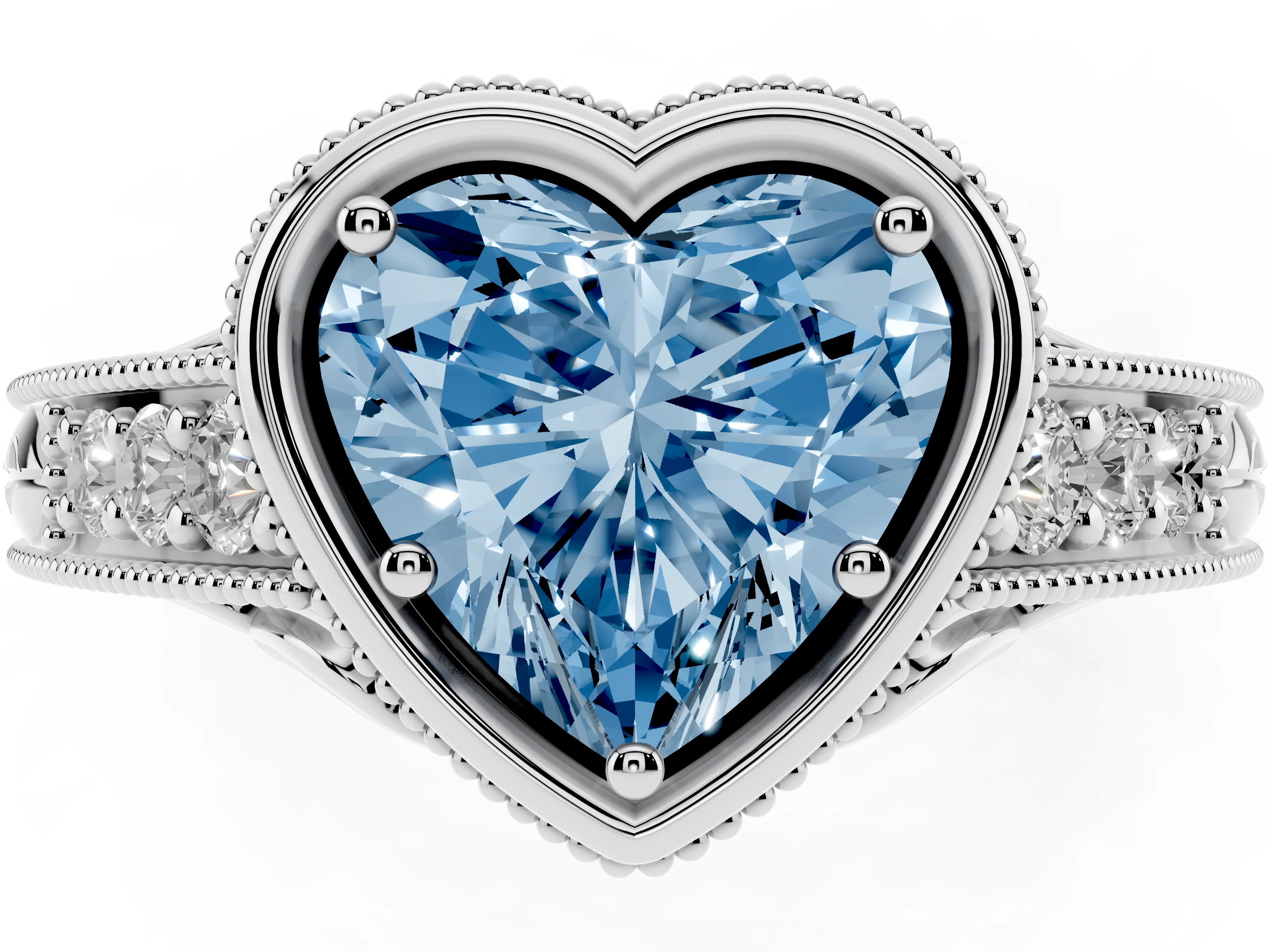 Fancy Blue Bezel Set Heart Cut Diamond Milgrain Pavé Engagement Ring Set in Silver
