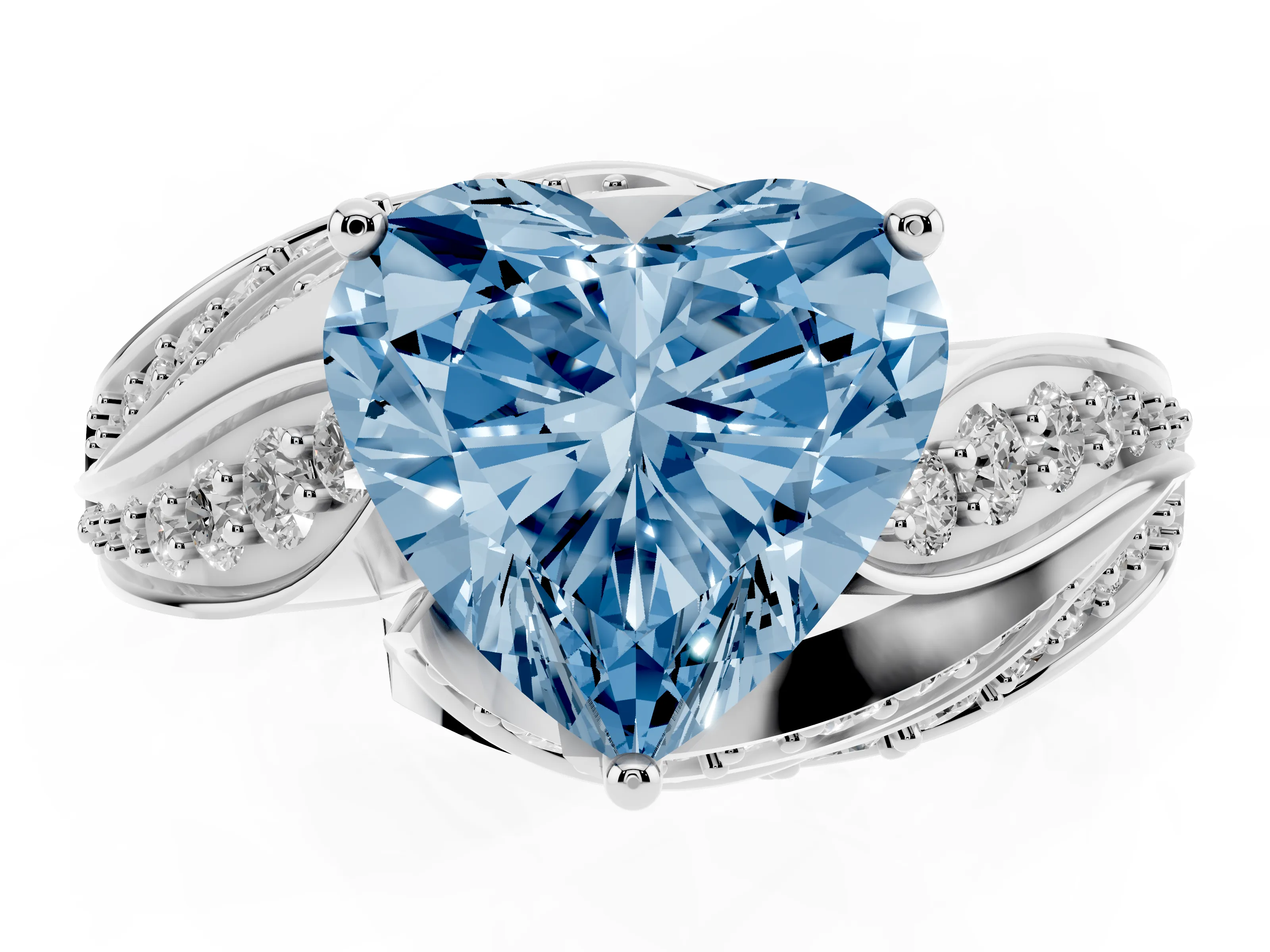 Fancy Blue Heart Cut Diamond Solitaire Ring Set in Silver with Layered Twist Pavé Band
