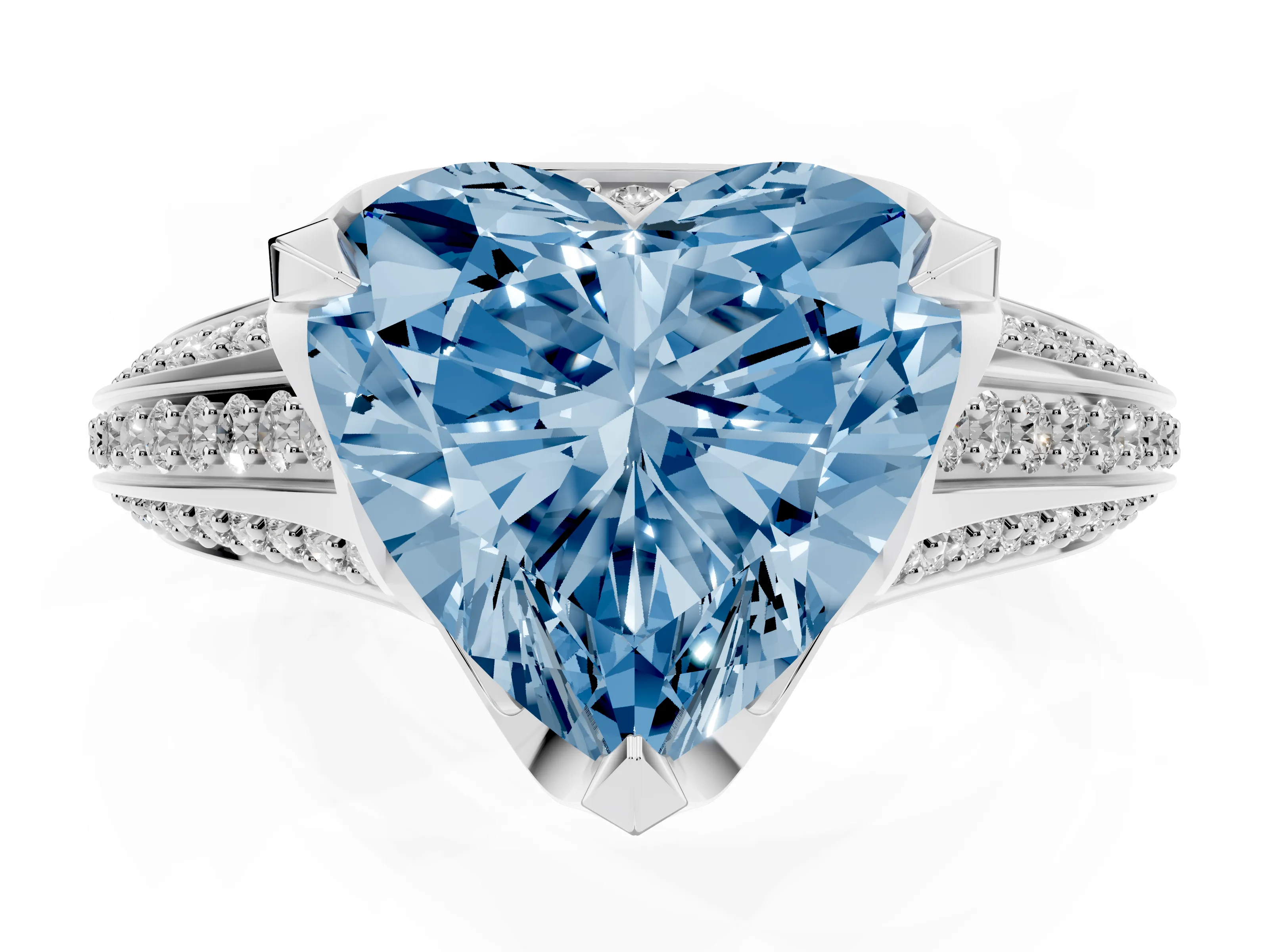 Fancy Blue Heart Cut Diamond Pavé Split Shank Solitaire Ring Set in Silver with Prong Setting
