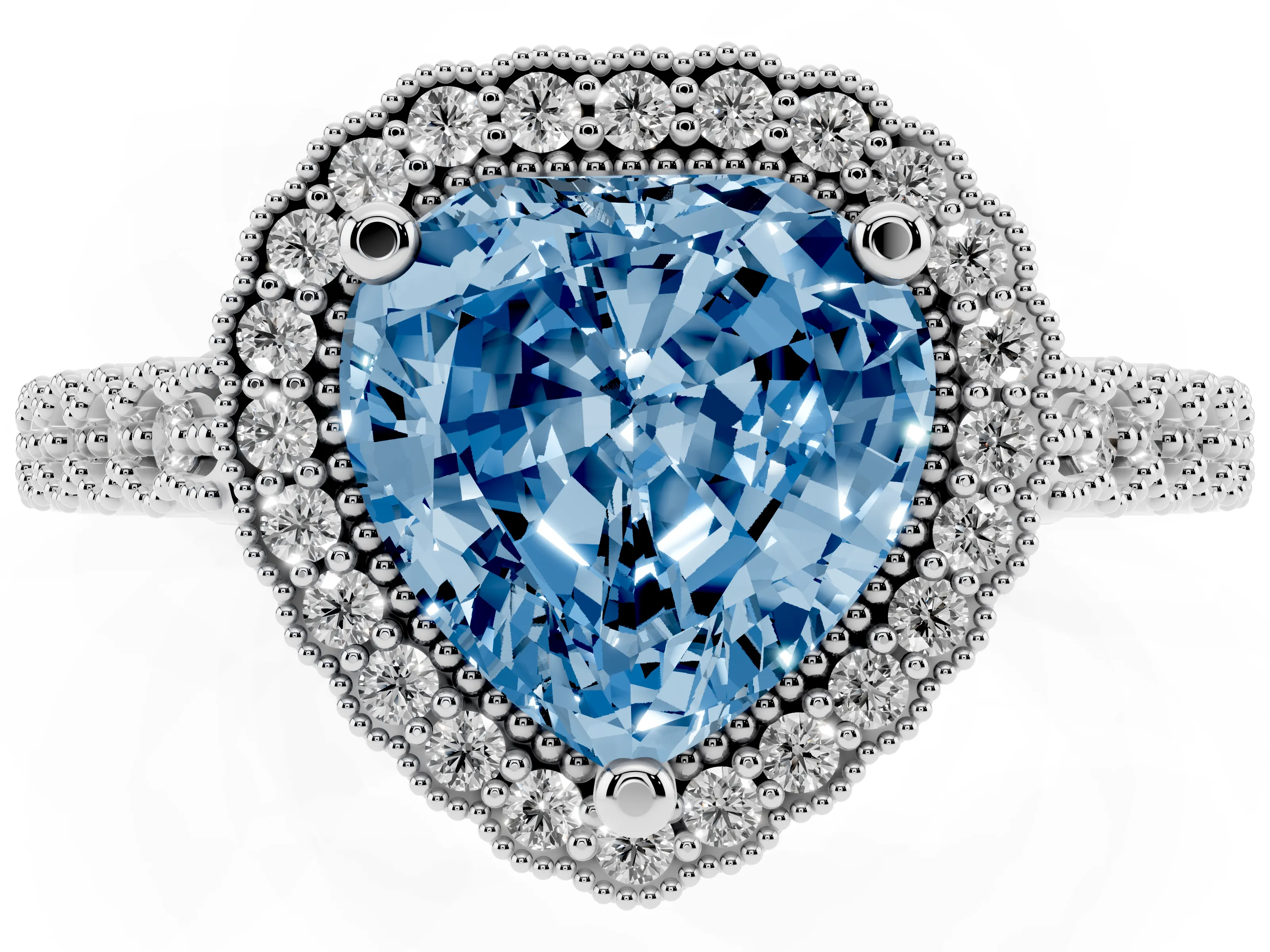 Fancy Blue Heart Cut Diamond Halo Ring Set in Platinum with Pavé Milgrain Band