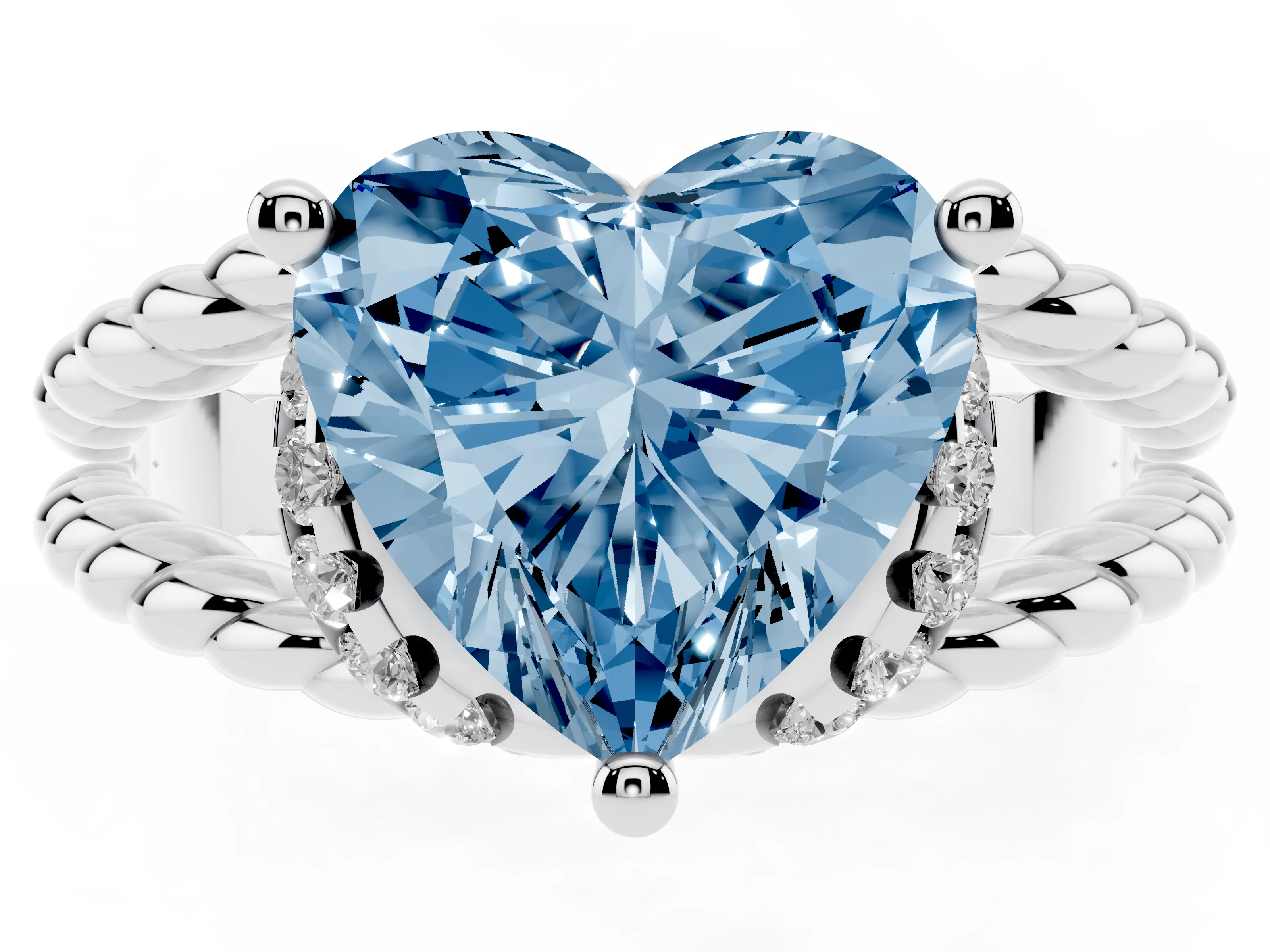 Fancy Blue Heart Cut Diamond Halo Ring Set in White gold with Twisted Band and Prong Setting