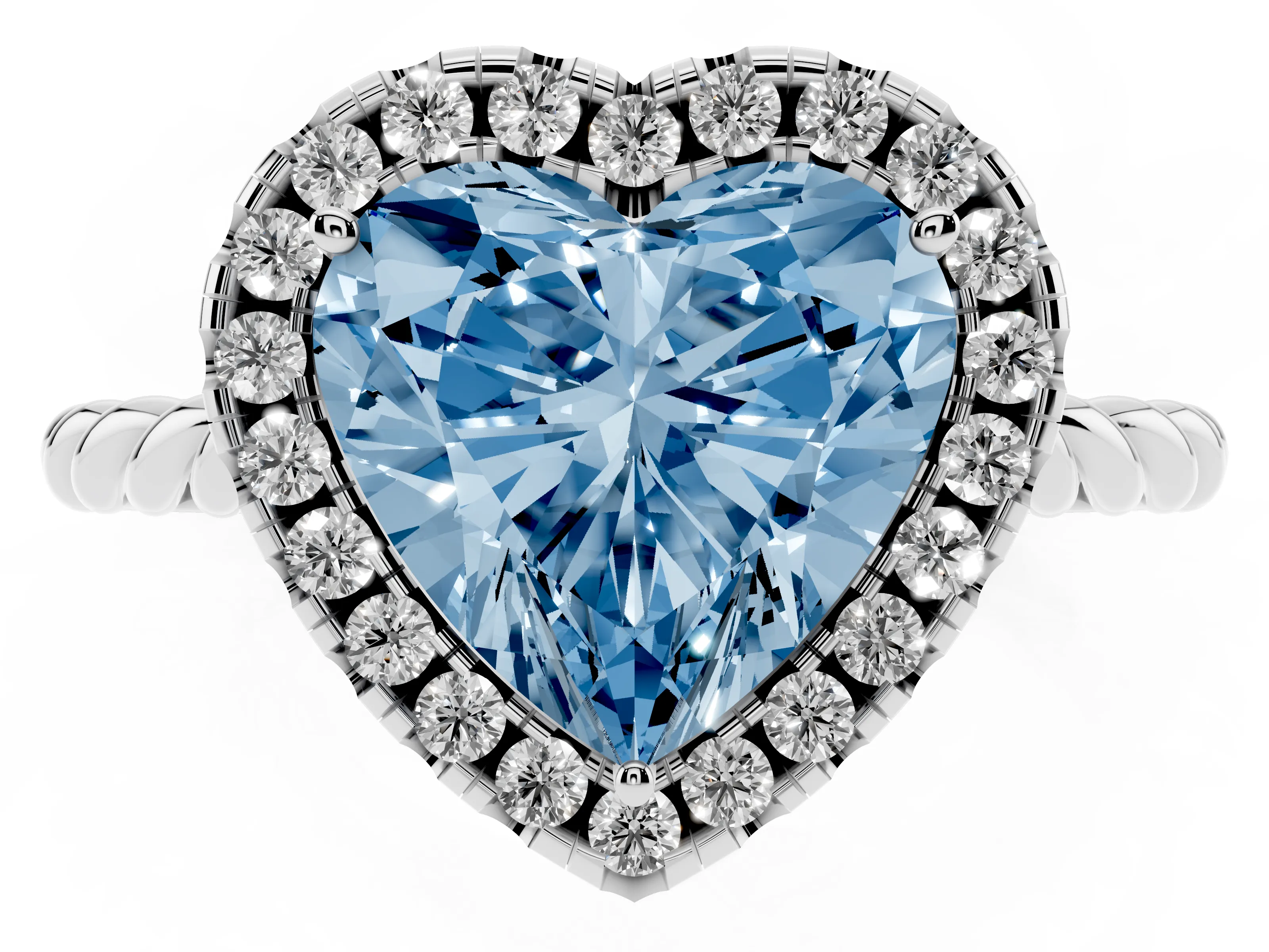 Fancy Blue Heart Cut Diamond Halo Ring Set in Silver with Plain Twisted Band