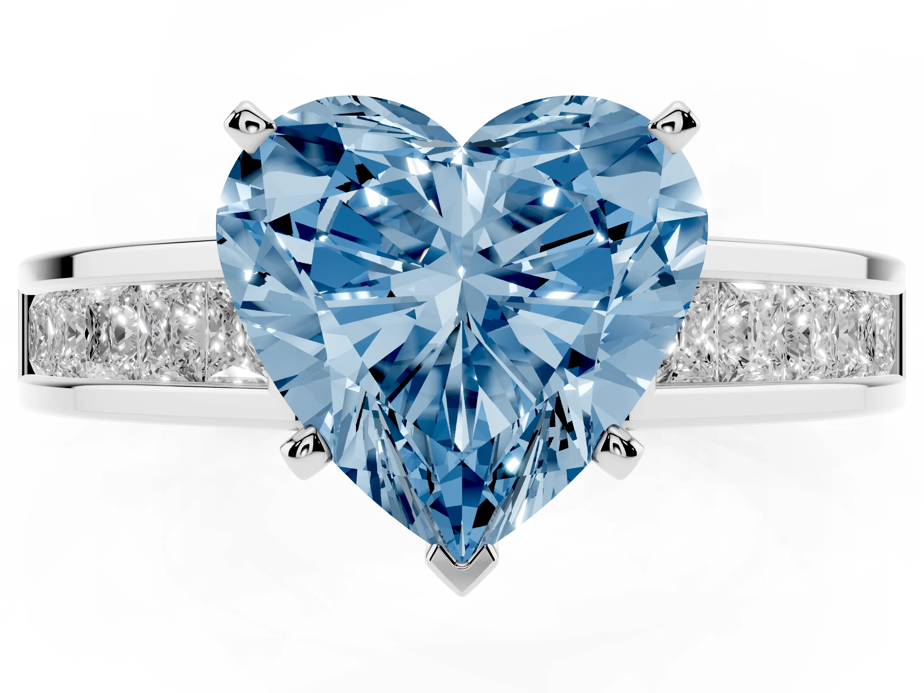 Fancy Blue Heart Cut Diamond Solitaire Ring Set in White gold with Channel-Set Band and Prong Setting