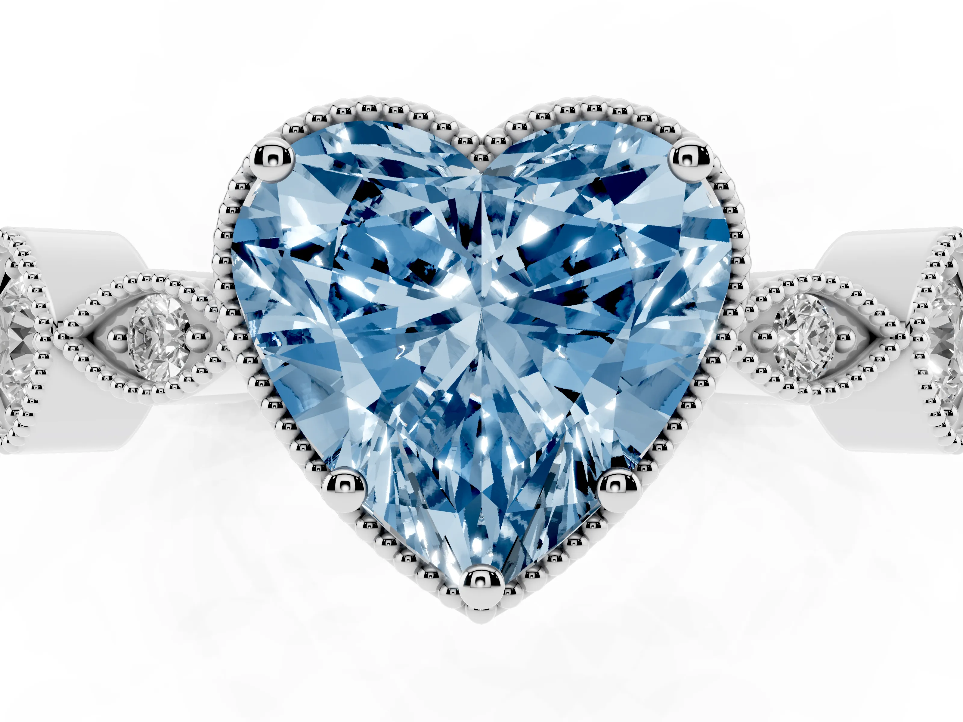 Fancy Blue Heart Cut Diamond Vintage-Inspired Milgrain Ring Set in White gold with Marquise Stations of Round Accents