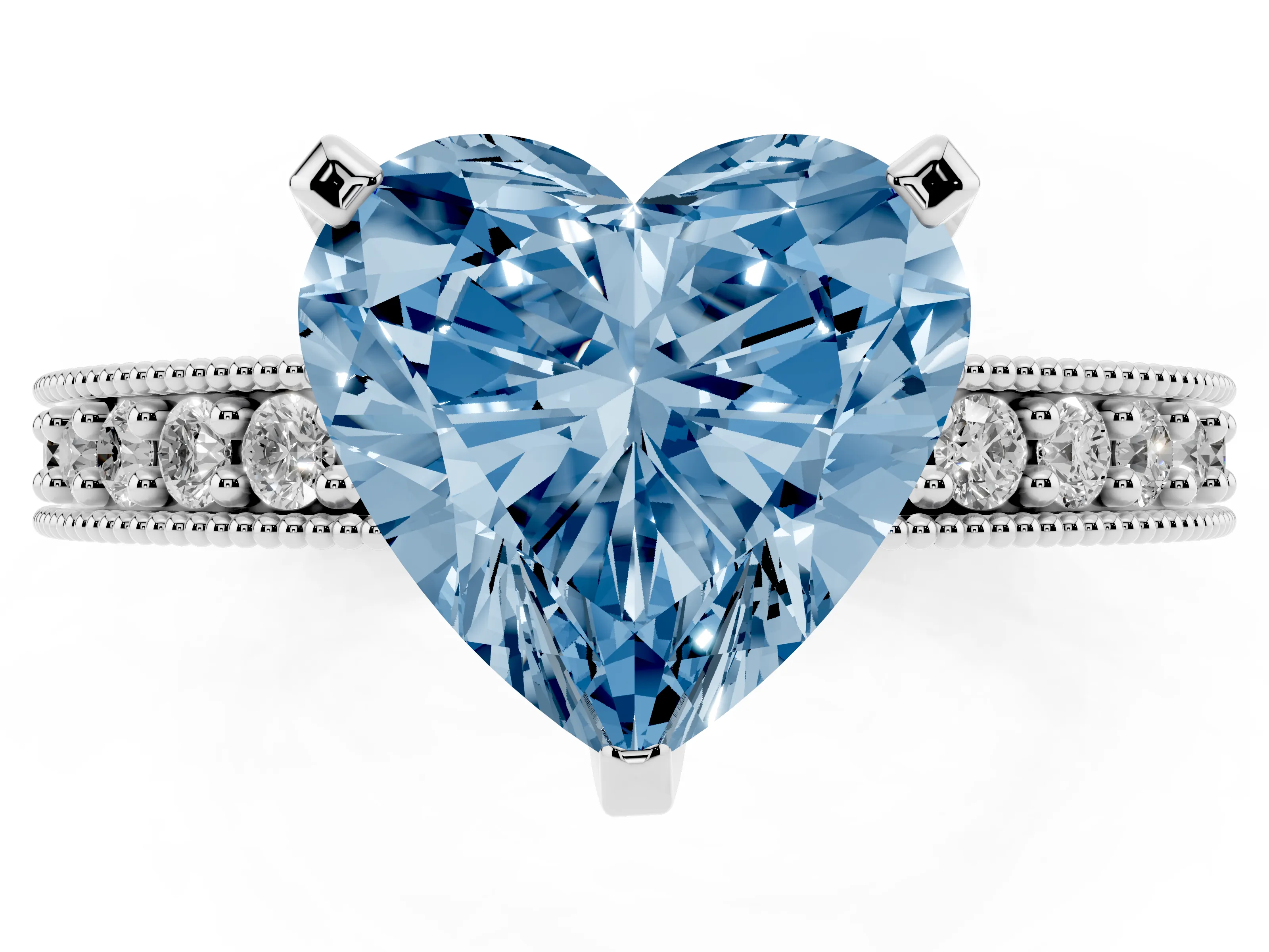 Fancy Blue Heart Cut Diamond Milgrain Pavé Engagement Ring Set in Platinum with Prong Setting
