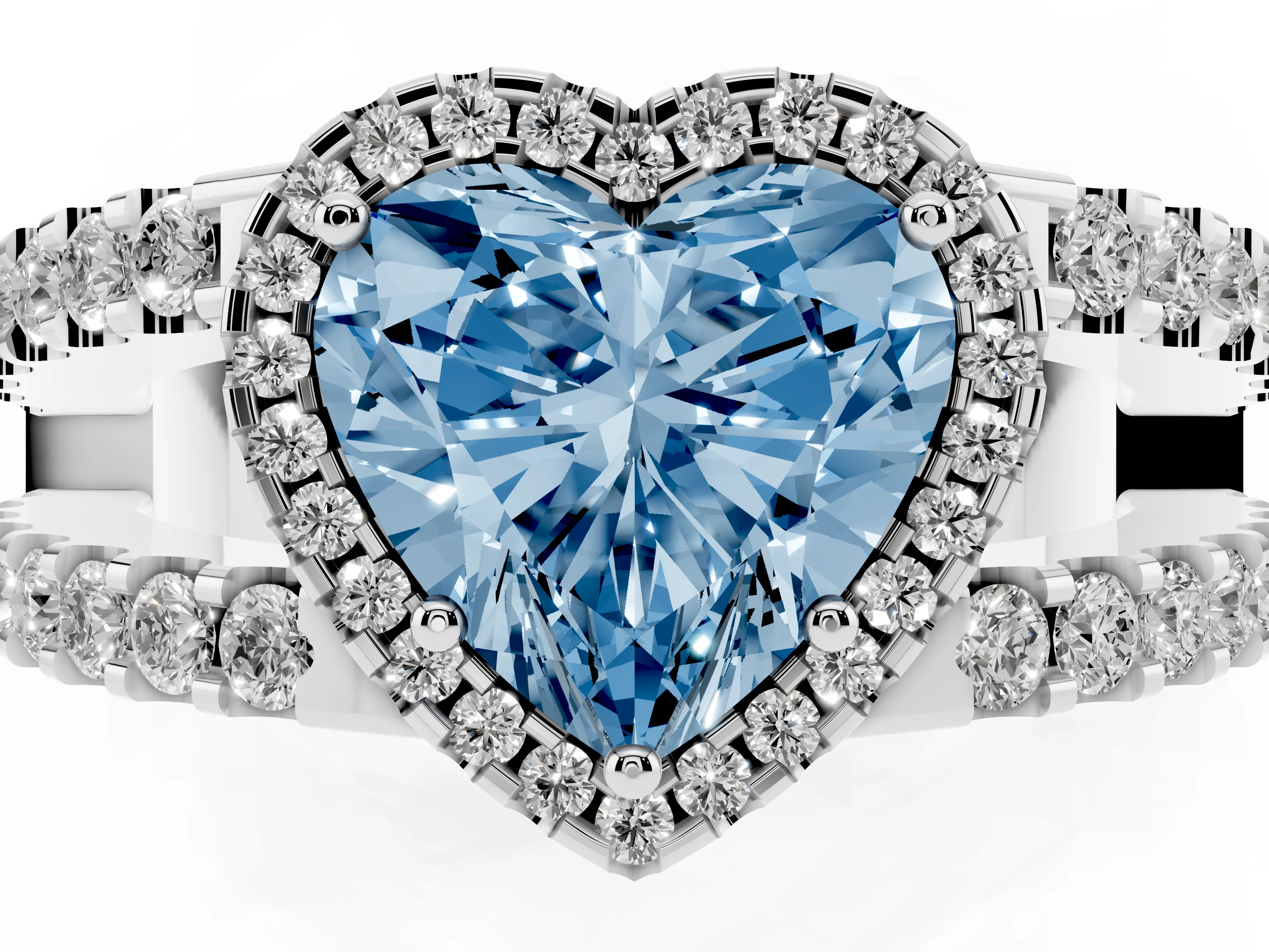 Fancy Blue Heart Cut Diamond Halo Ring Set in Silver with Pavé Split Shank and Prong Setting