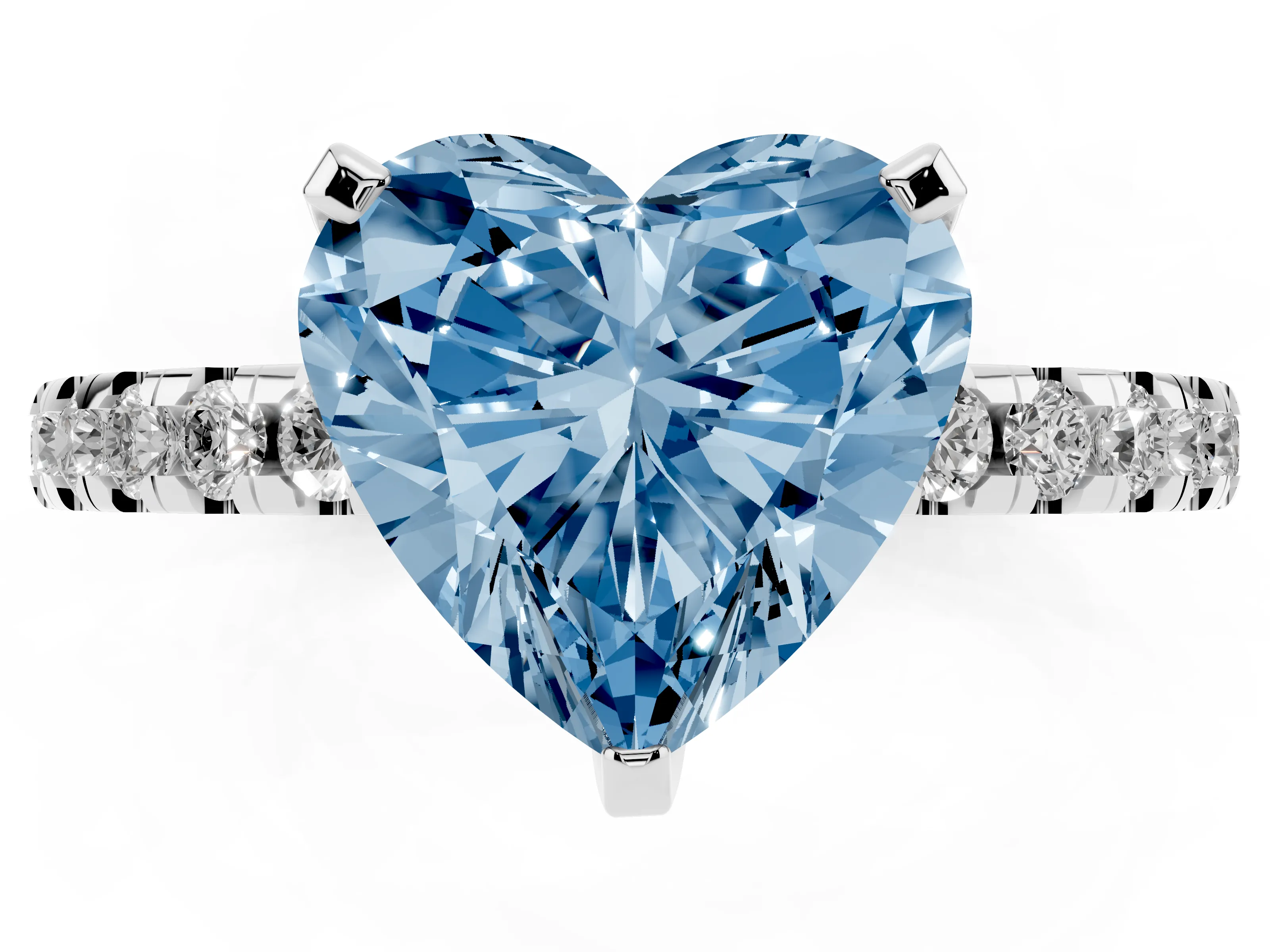 Fancy Blue Heart Cut Diamond Pavé Solitaire Ring Set in Platinum with Round Band Accents and Prong Setting