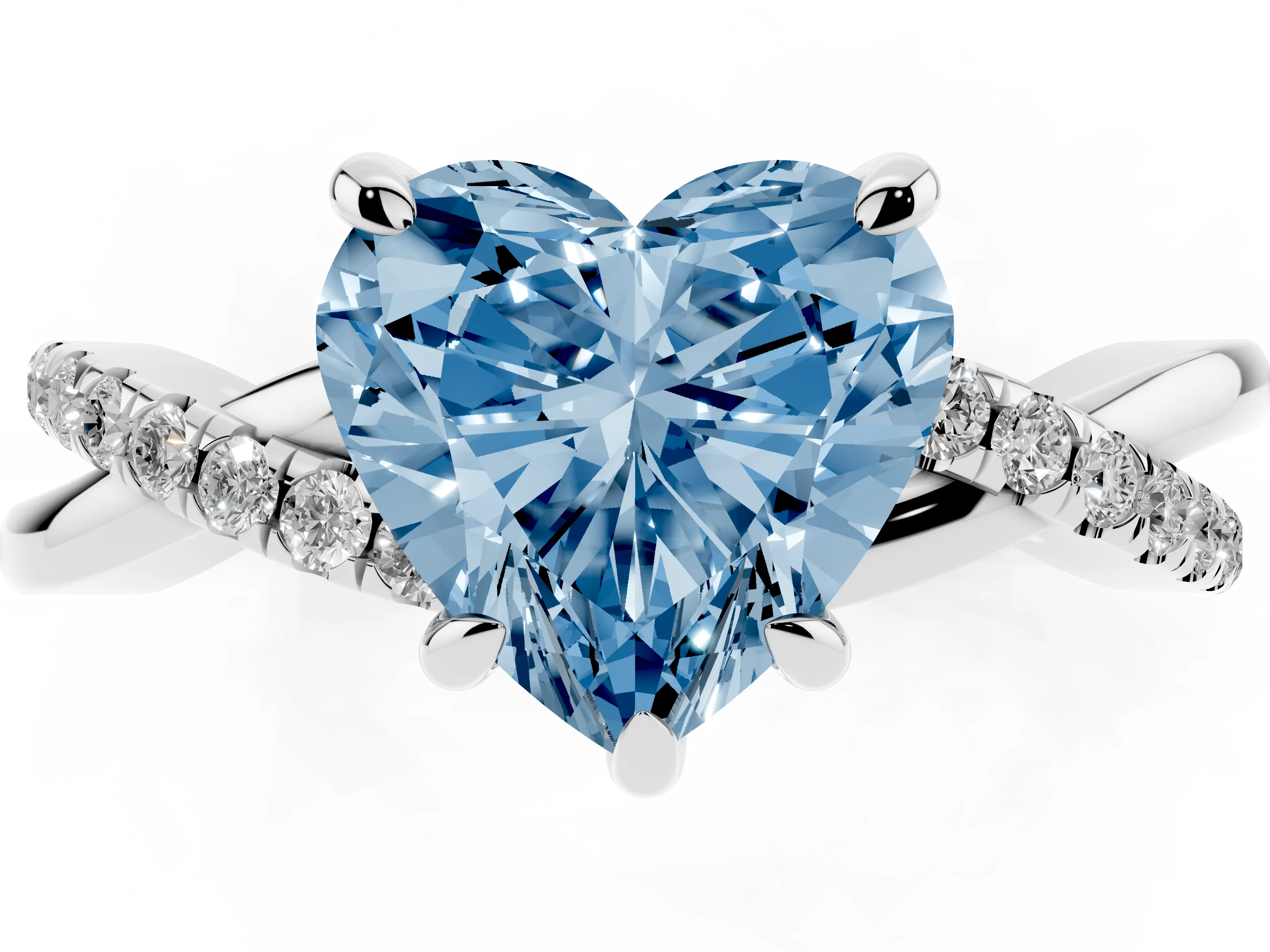 Fancy Blue Heart Cut Diamond Twist Band Solitaire Set in Platinum with Pavé Accents and Prong Setting